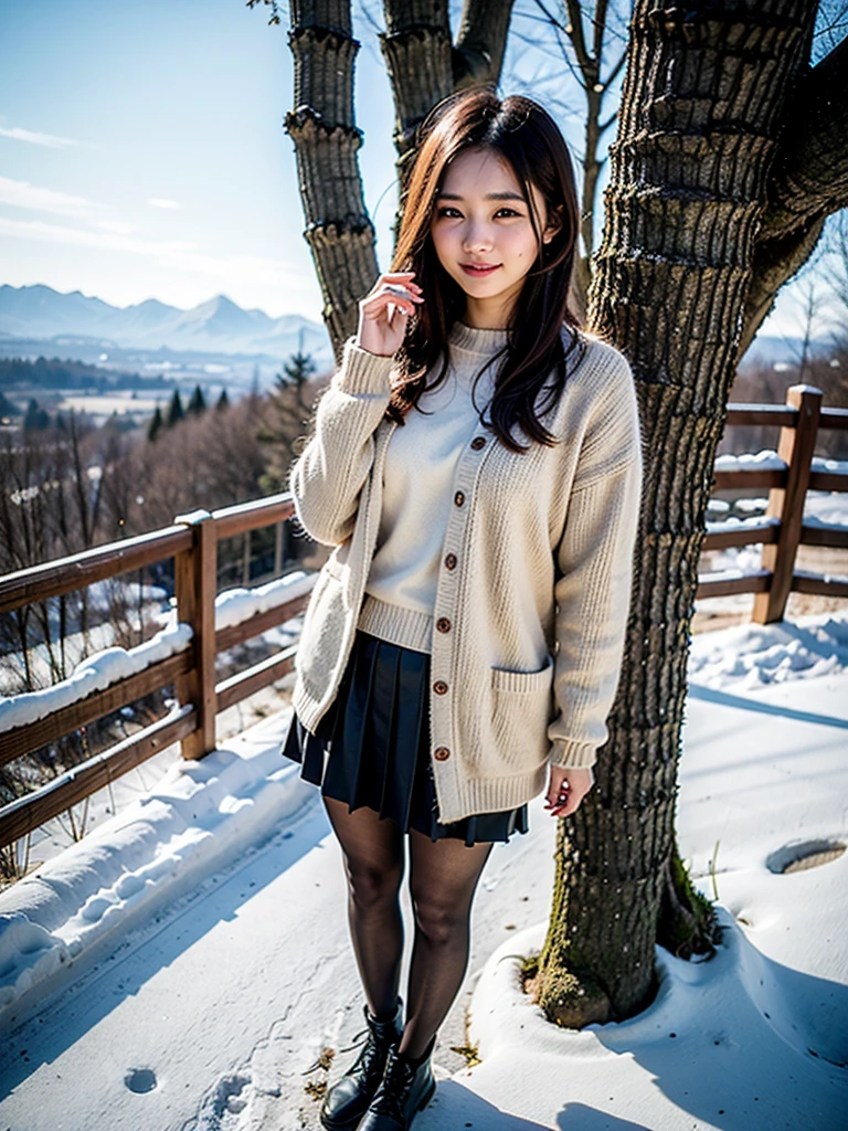 a asian beauty,best qualtiy,tmasterpiece,Ultra-high resolution,(Reality:1.4),RAW photogr,1girll,long whitr hair,Face Highlighting,Pure,Girly,Flushing,18yr old,18-year-old smiling female classmate,Pure,Innocent,(best qualtiy,8K,tmasterpiece:1.3),Goose egg face,largeeyes,long eyelasher,Exquisite(live-action realistic style),Star-like eyes,Ultimate face,Photorealistic light and shadow,Clear facial features,Milky white skin,Fair skin, highdetailskin, Realistic skin details, Visible Pore,(Super detail),(perfect bodies:1.1),long whitr hair,(dynamicposes),((Dynamic background((volumettic light:1.3)),Light colored sweaters,a black skirt,Gradient stockings,Booties,alps,snow mountains,chilly,squirrels,standing on your feet,liberta,Dashing,long leges,Shunguang