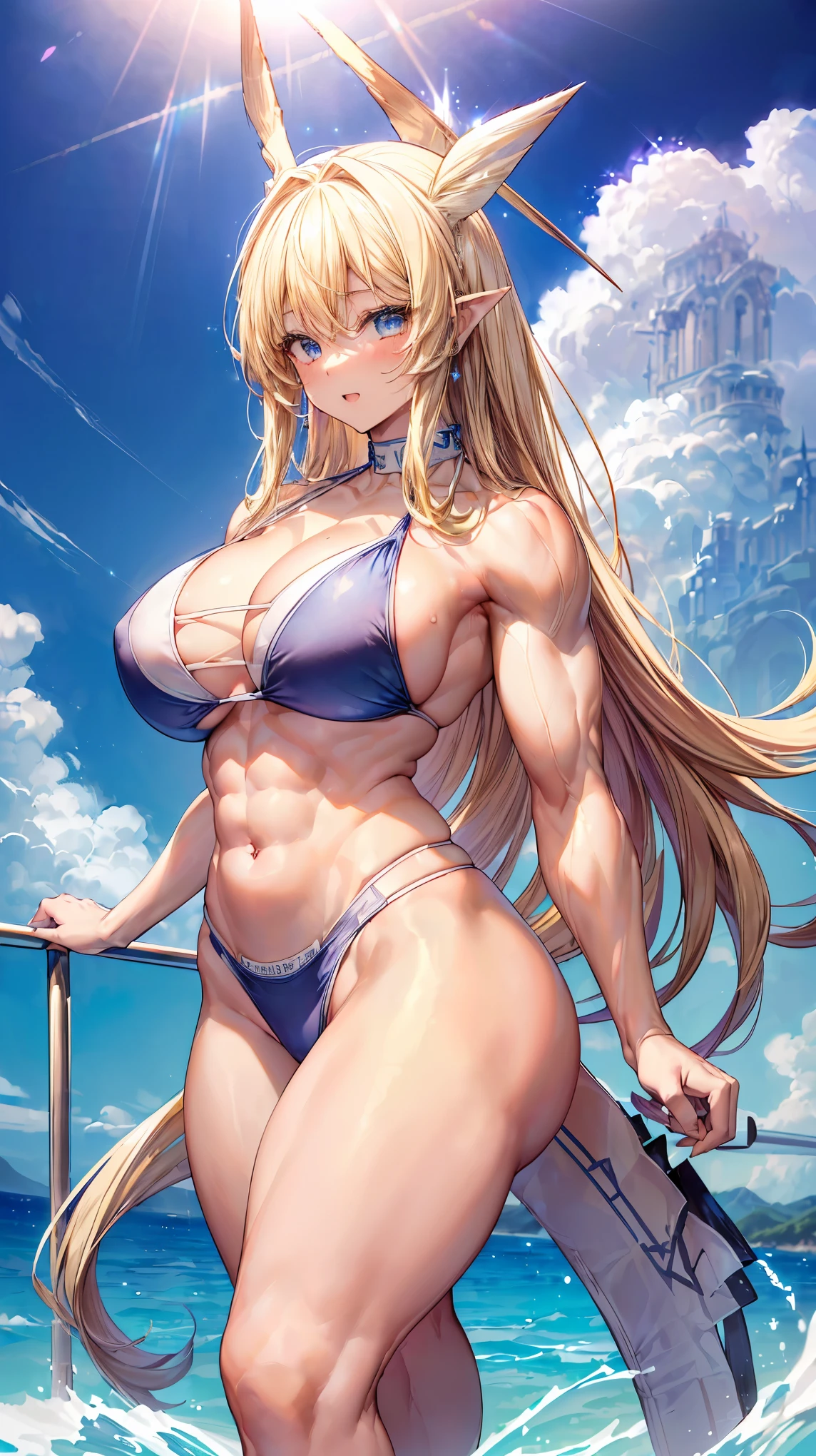 Very detailed、highest quality、Best image quality、masterpiece、8k、Anime Face、A kind smile、(Open your mouth:1.3)、Sparkling blue eyes、(Blonde semi-long hair:1.5)、(Muscles of the whole body:1.3)、(High leg:2.0)、Thigh belt、(White high cut bikini:1.5)、(Upper body photo:1.5)、(SFW Giant)、(Thick body:1.2)