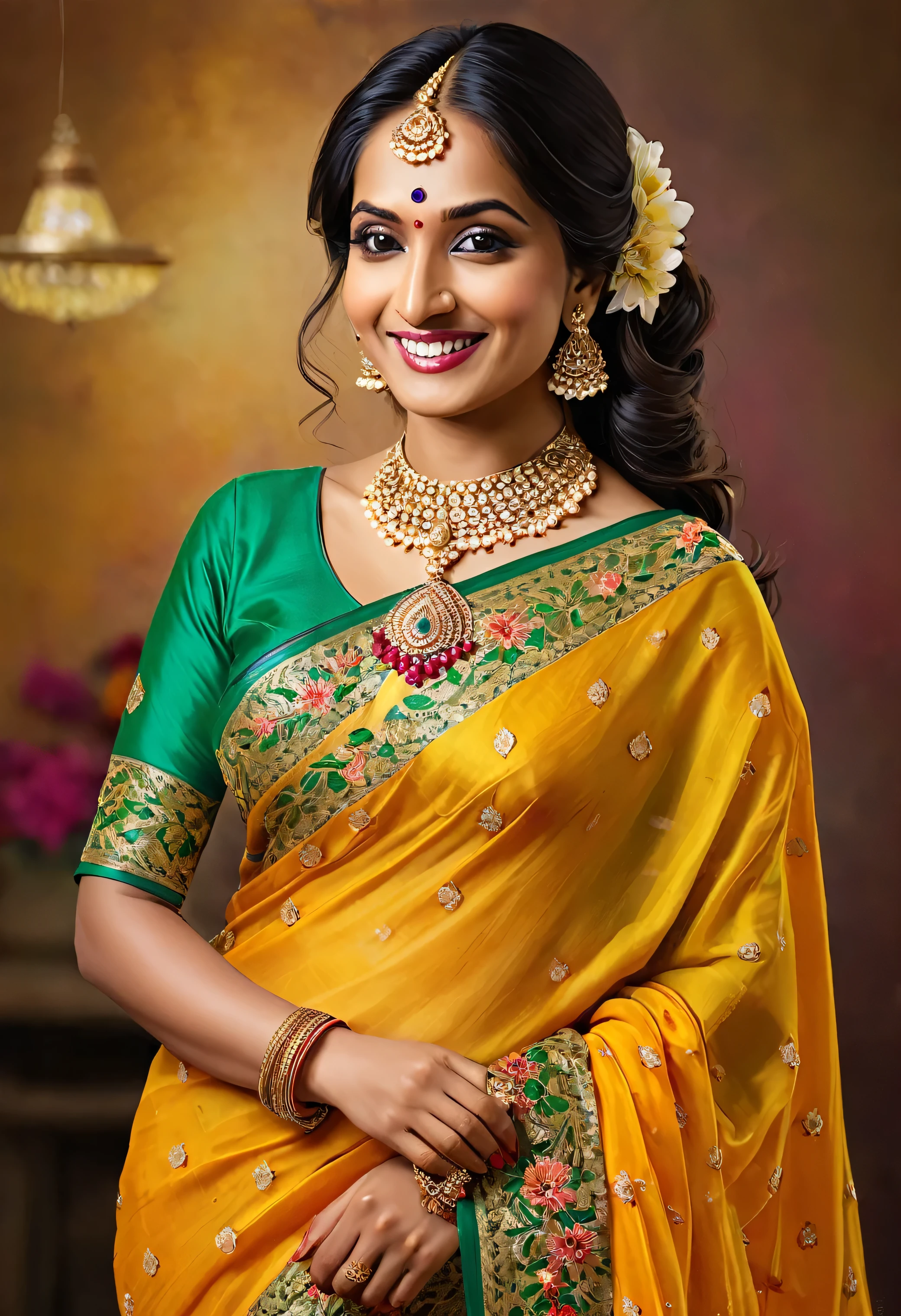 "Create a digital portrait of an Indian bhabhi, showcasing her in traditional attire such as a vibrant saree with intricate embroidery. She should have a warm and inviting smile, exuding a sense of grace and hospitality. Her hair is styled neatly, adorned with flowers, and she is wearing customary gold jewelry, including jhumkas (earrings) and bangles. The background features a softly blurred indoor setting that suggests a festive or domestic atmosphere. Capture the essence of cultural elegance and familial warmth in the composition."
