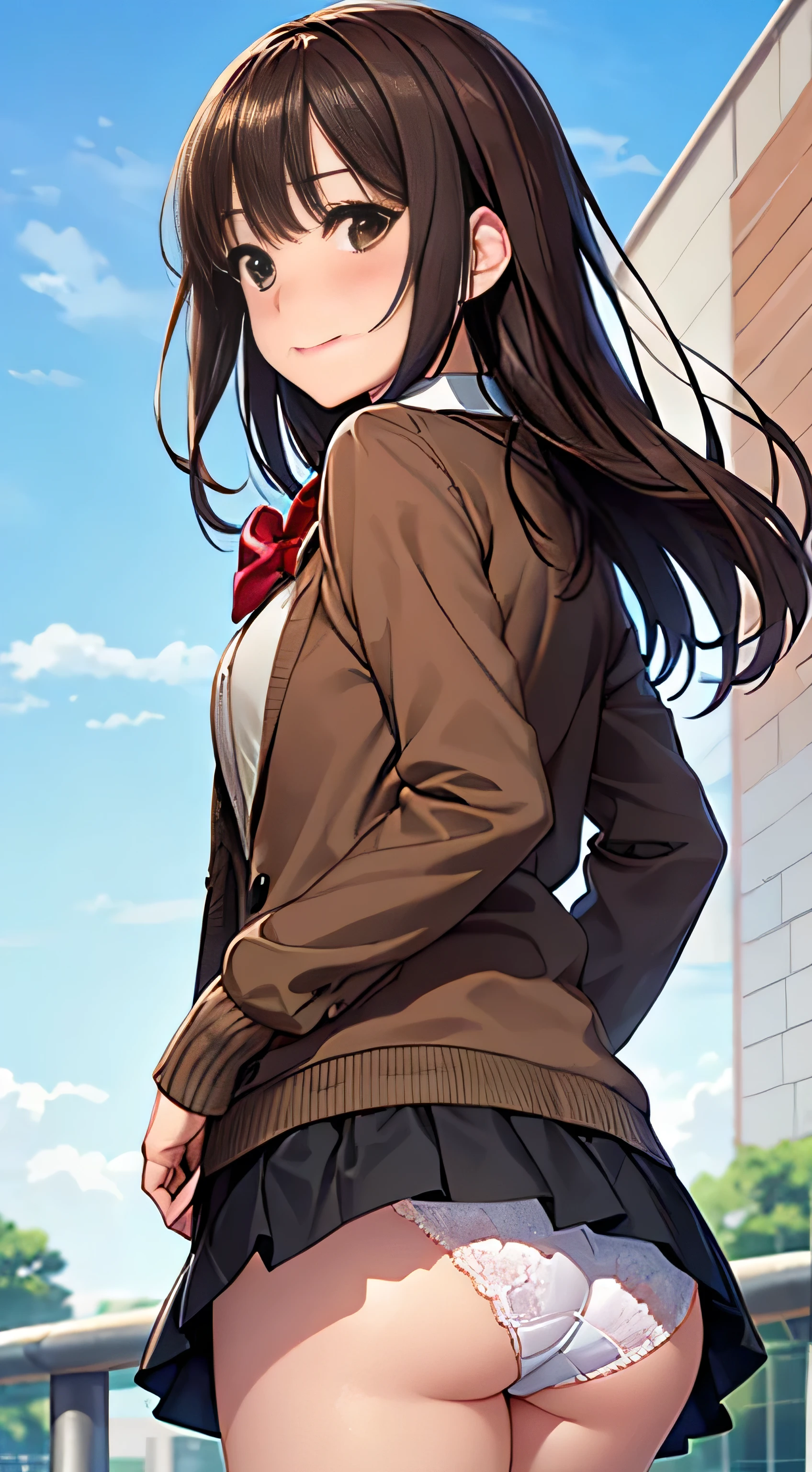 ((Tabletop, highest quality, High resolution, , Perfect Pixel,  4K,))), 1 high school girl, single, alone, beauty、The whole body is visible、 ((Mid-wave hair, bangs, Brown Hair)), ((Brown eyes, Beautiful eyelashes, Realistic eyes)), ((Detailed face, Blushing:1.2)), ((Smooth texture:0.75, Realistic texture:0.65, Realistic:1.1, Anime CG Style)), Medium Chest, Dynamic Angle, Perfect body,  ((Red bow tie, , Black jacket, Open jacket, Brown cardigan, White shirt, Black Skirt, Check skirt)), 、、Very embarrassing panic smile, looked back、Leaning forward、The wind is blowing and my underwear is completely visible、Touch your buttocks with both hands、white and light blue floral lace panties、Angle from below)、