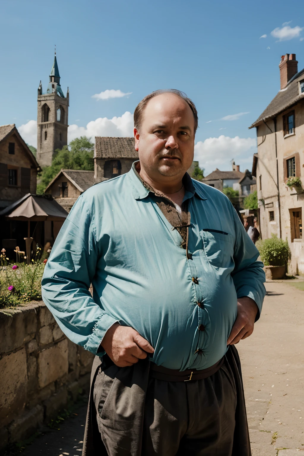 Middle-aged man, rotund, balding, wearing fancy renaissance clothing, village in the background