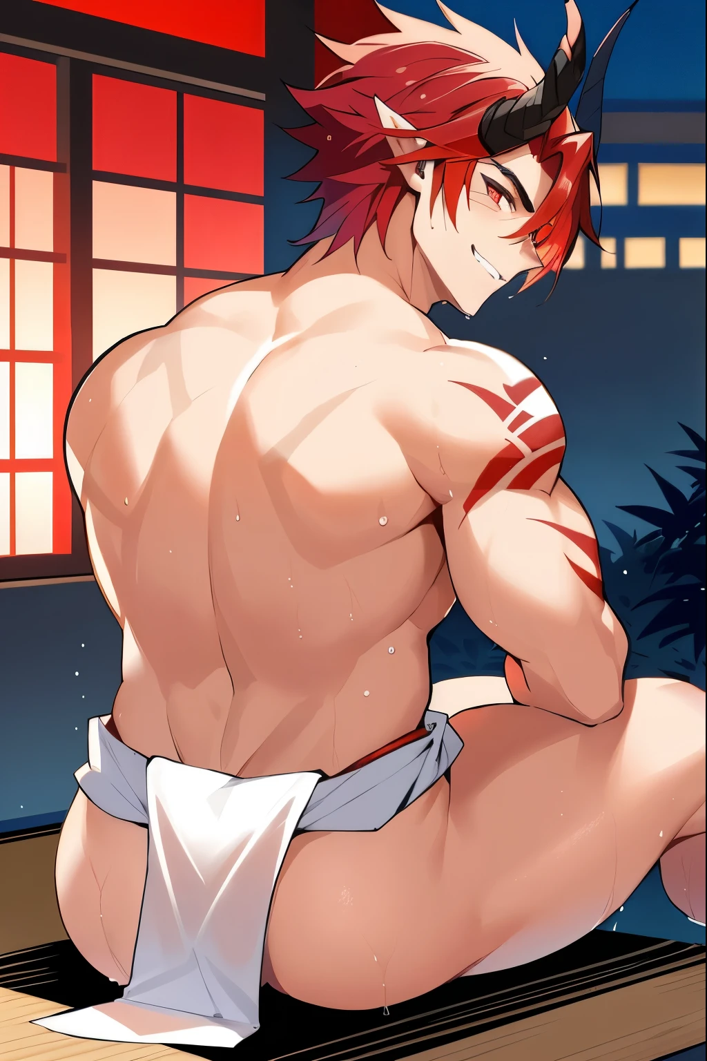 Redhead sitting on the platform、White anime boy, Handsome guy in the art of slaying demons, Cool anime poses, Handsome Japanese demon boy, muscular!!, Makoto, red scales on back, OPPEIN, belt, gigachad muscular, muscular!, still, male anime character, (SFW) Work, SFW version