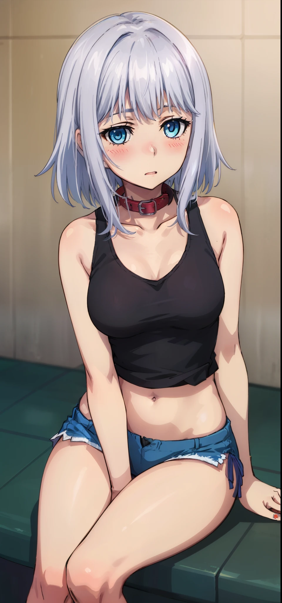 1 girl, kanon kanase, , blush, medium breasts, sleeveless, cropped tank top, collar, sitting.