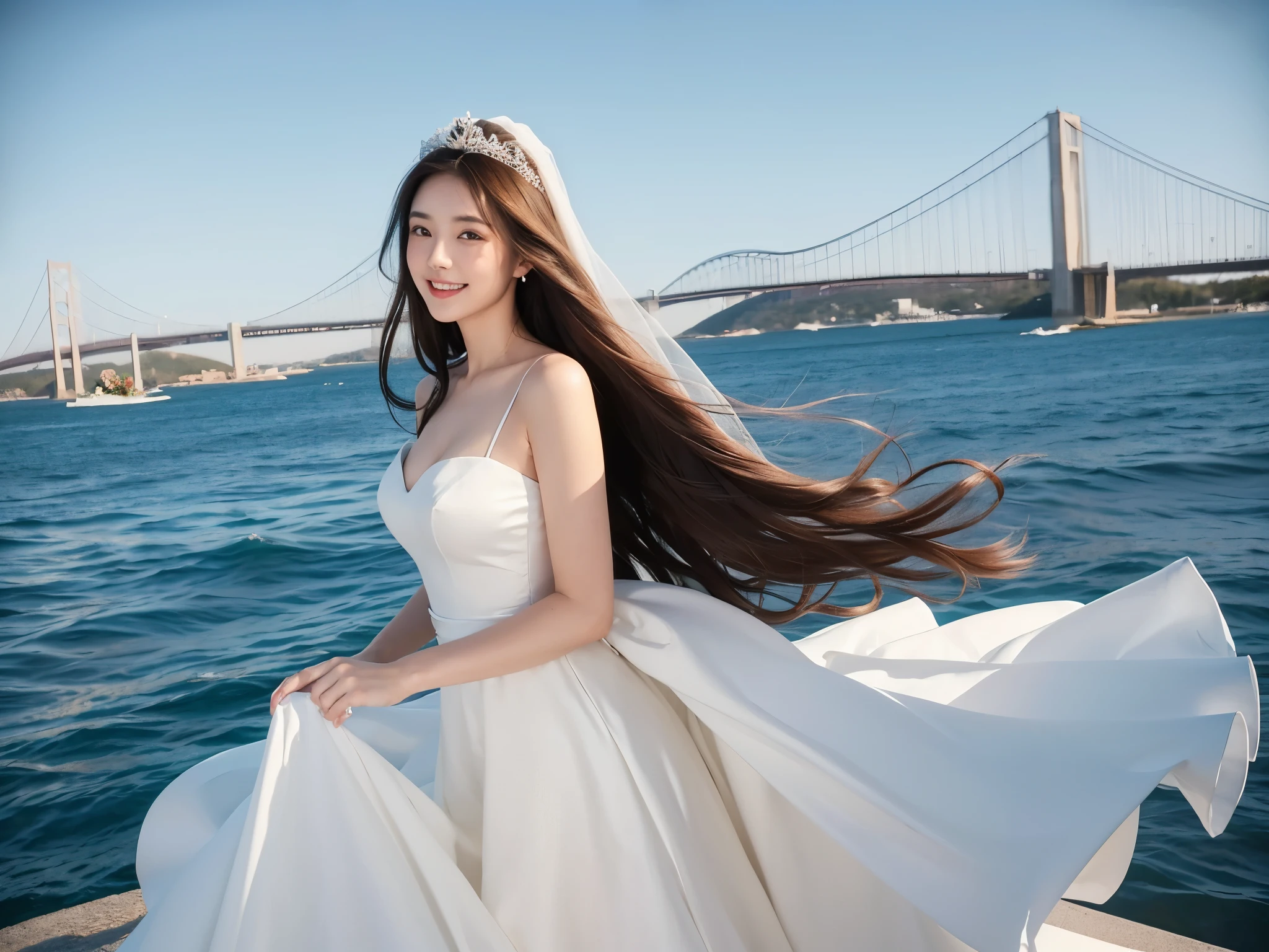 A woman with a beautiful and well-proportioned face 

hair waving in the wind 

(brown hair) 

calm smile 

G cup breasts 

wearing a wedding dress 

(white prom dress) 

(There's a white wedding veil on my head) 

There is a big and long bridge 

The blue sea spreads under the bridge 

a car is passing 

japanese woman 

