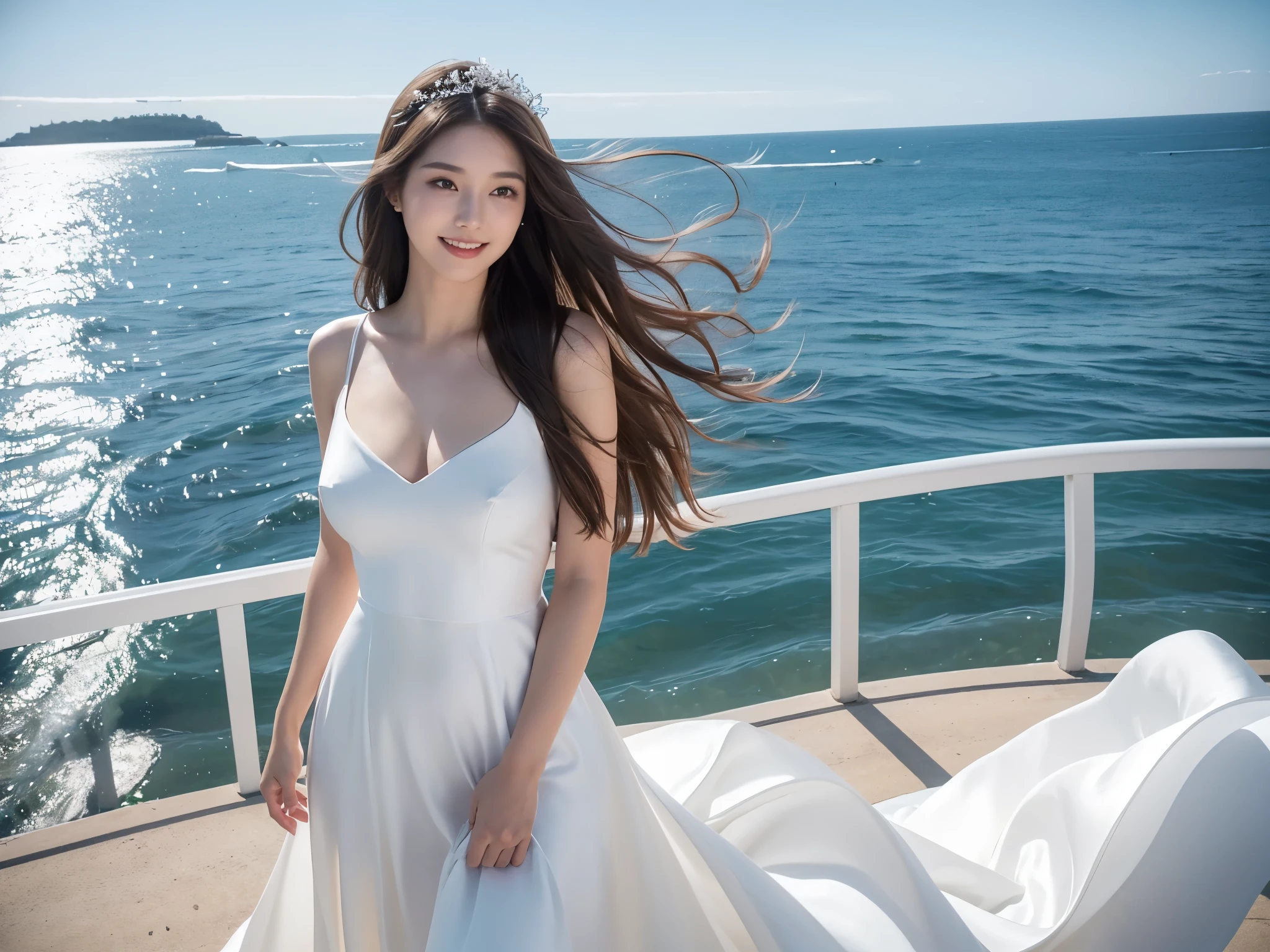 A woman with a beautiful and well-proportioned face
hair waving in the wind
(brown hair)
calm smile
G cup breasts
wearing a wedding dress
(white prom dress)
(There's a white wedding veil on my head)
There is a big and long bridge
The blue sea spreads under the bridge
a car is passing
japanese woman