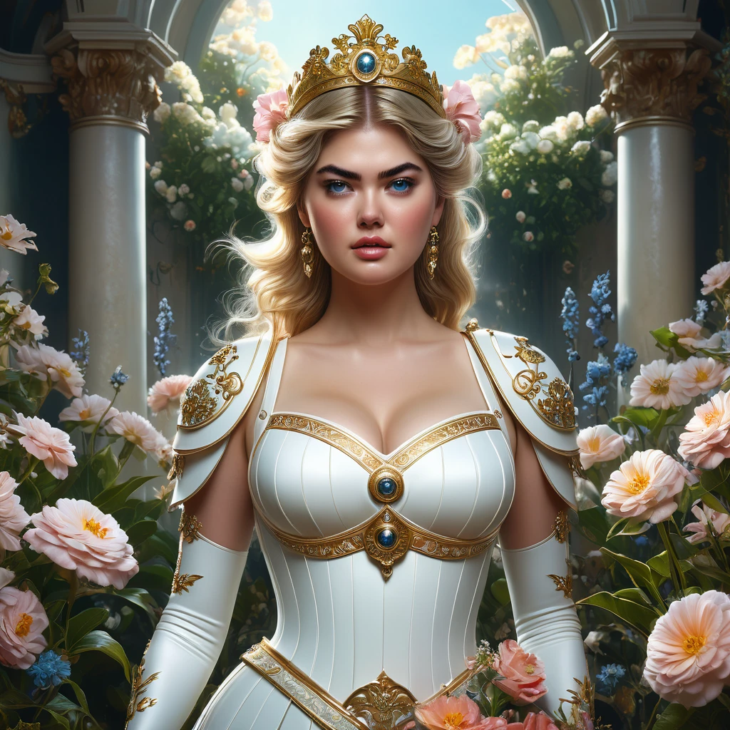 Portrait of Athena (a mix between Terese Pagh Teglgaard and kate upton as a princess), surrounded by flowers by karol bak, james jean, tom bagshaw, rococo, sharp focus, trending on artstation, cinematic lighting, hyper realism, octane render, 8 k, hyper detailed.