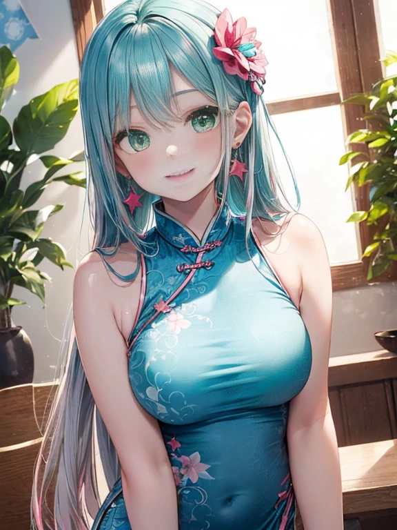 小さなgirl、Small breasts、The arrival of spring、Thick thighs、 (alone:1.5,)Very detailed,Bright colors, Very beautiful detailed anime faces and eyes, Look straight ahead, ;d, Shiny_skin,girl, ((Silver long hair,The inner color is red 、Forehead is exposed.、Green Eyes、Shiny hair, Delicate beautiful face, blush、(Turquoise Eyes), White skin, Valletta, Earrings,、blue flower field、(((Star pattern pink、Long China Clothing)))、White Long Hair、smile、smile、Face dyed red