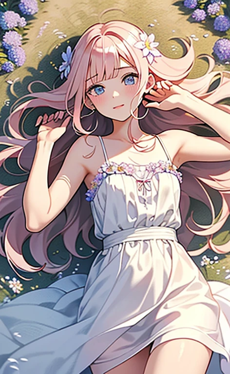 (masterpiece:1.4、top-quality、illustration:,realistic、)、(character focus、,cowboy shot:1.3)、(1girl),(clear face:1.3),(),cute face,blue eyes、(tareme:1.3)、(from above),
(Lying in a flower field:1.4),
(pink blonde hair),(very long hair:1.5)、
,(Flower Field:1.3、Flower storm:1.3),(white camisole dress:1.5),
(blunt bangs),(volumey,sidelocks,wavy hair:1.3), (small breasts)、
、slender、