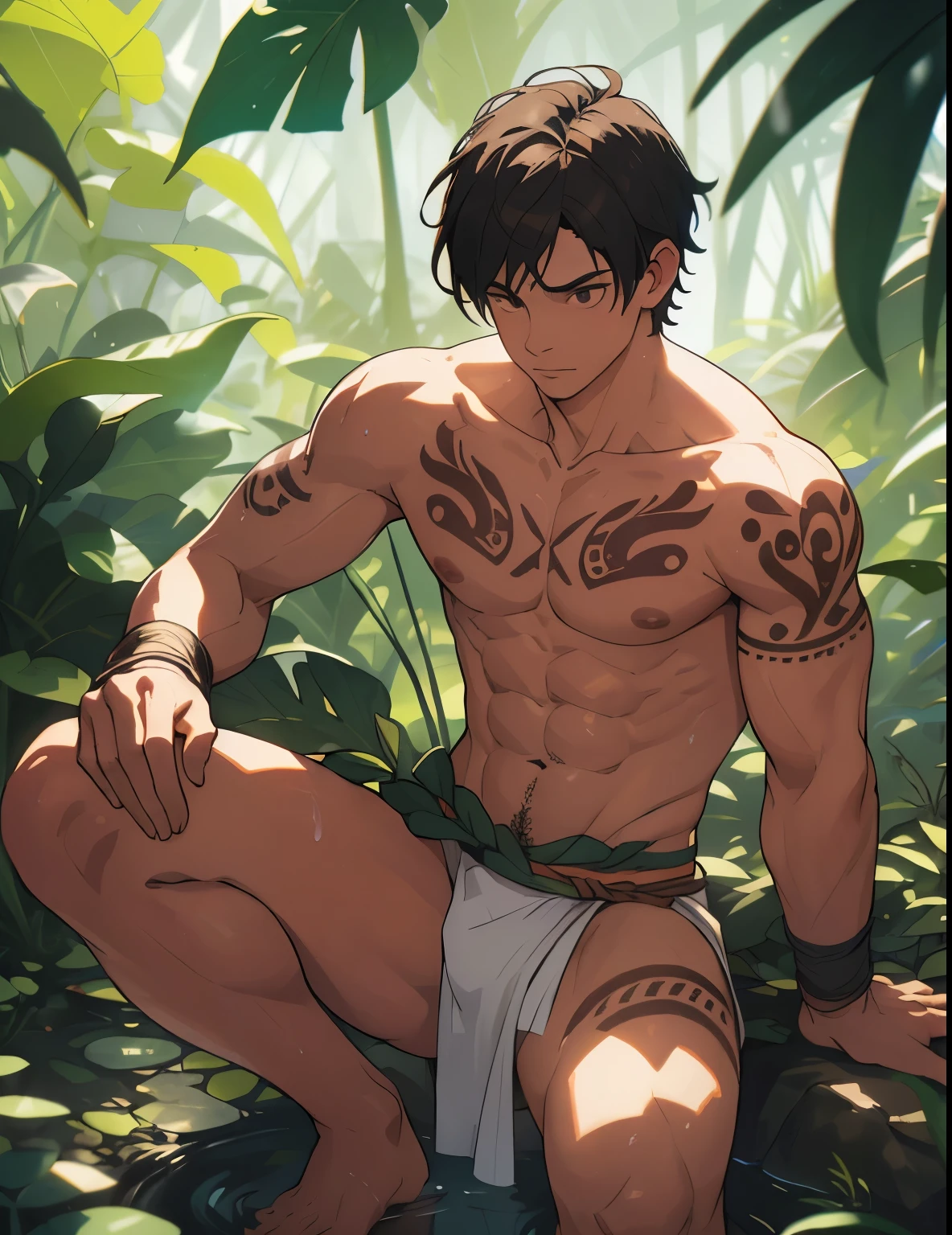A man in white shorts、Arafi man with tattoo on his chest, Handsome guy in the art of slaying demons, Anime handsome man, male anime character, anime lush john 8k woods, In the jungle, Cool anime poses, Taisho Rome, In the jungle, Muscular posture, Muscle Hero, Detailed anime character art, Handsome Japanese demon boy, Male Art