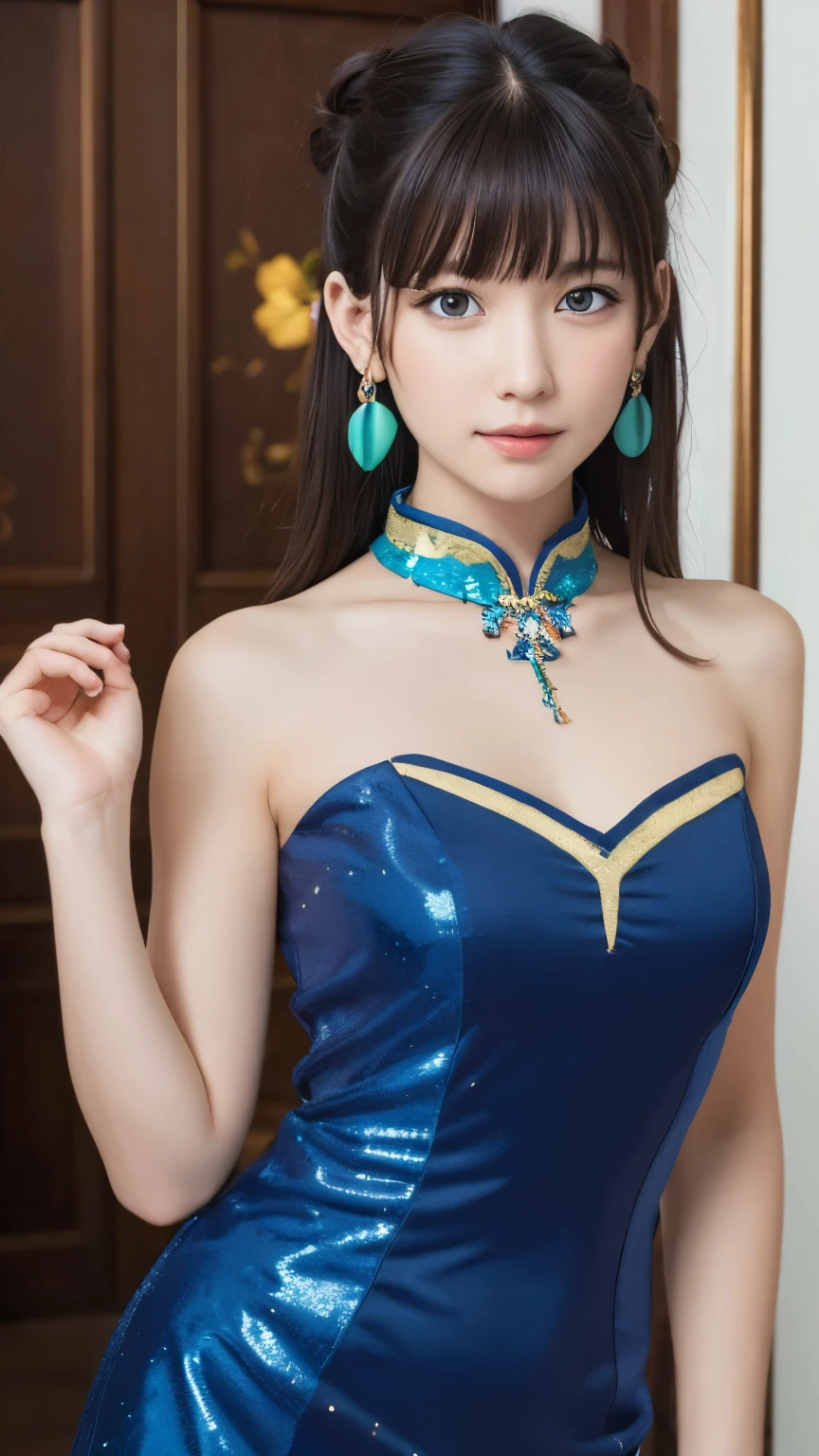 Top quality (8k, high resolution, masterpiece: 1.2), super detailed, anime art style, dynamic angle,  style, (Chinese dress, exposed shoulders, earrings, indoor,), detailed green hair, detailed blue eyes, intricate hairstyle, long hair , slim body, sparkling eyes, youthful, hair accessories, earrings, half-updo, slightly dull bangs, detailed lighting, bright colors, looking at the viewer, in the center of the image, cowboy shot,