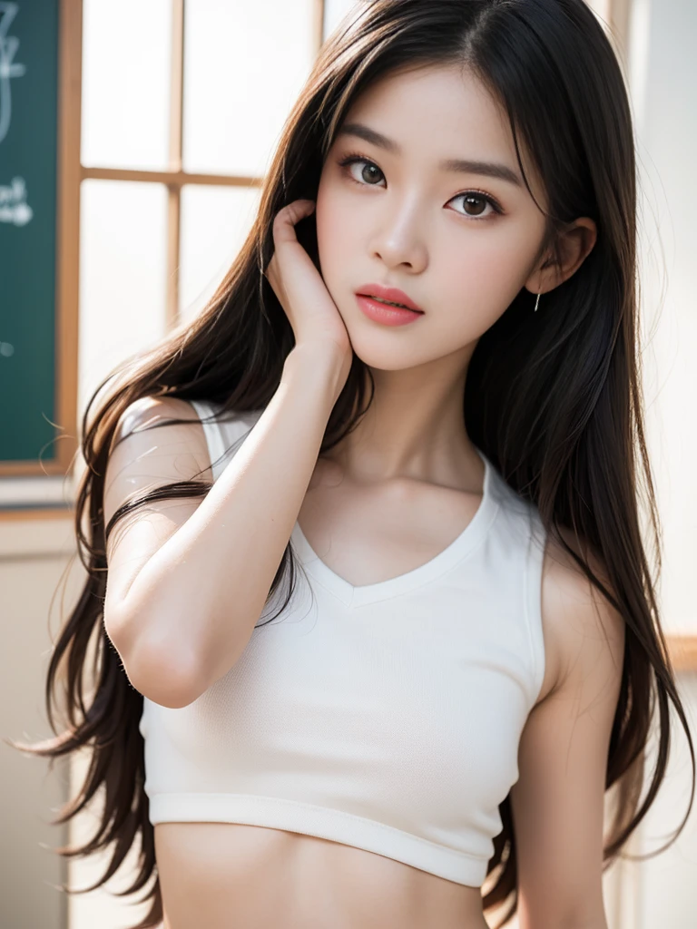 Masterpiece, Top quality, (Realistic, Photorealistic: 1.4), (RAW photos: 1.2), Highly detailed CG Unity 8K wallpaper, Very delicate and beautiful, Amazing, Detailed, Official art, Absurd, Incredibly silly, huge file size, very detailed, very elaborate, beautiful eyes and face, beautiful elaborate eyes, light on face, one girl, long hair, (pong) navel, upper body , sleeveless shirt, bare arms, bangs, school, classroom, ulzzang-6500-v1.1