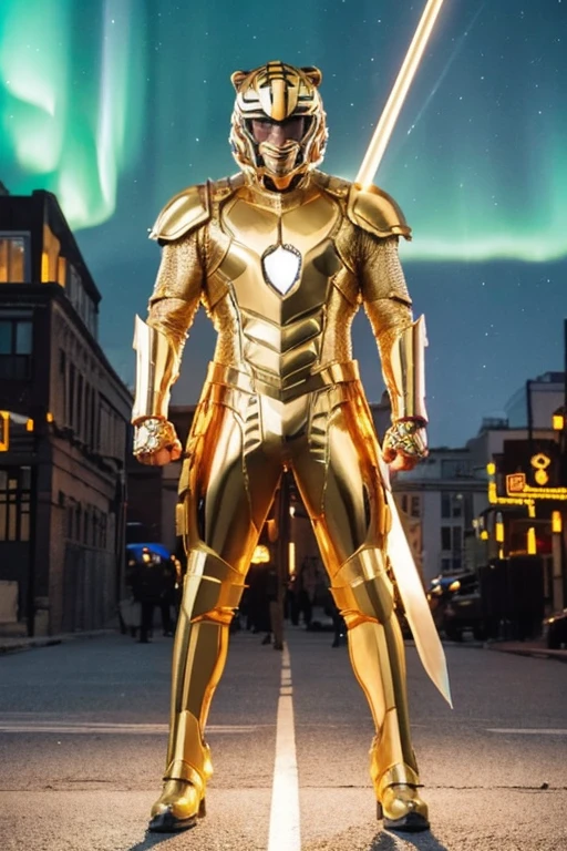 A man wearing full-body golden armor and a golden cyber helmet in the shape of a tiger is holding a sword in the middle of a city at night, illuminated by the aurora.