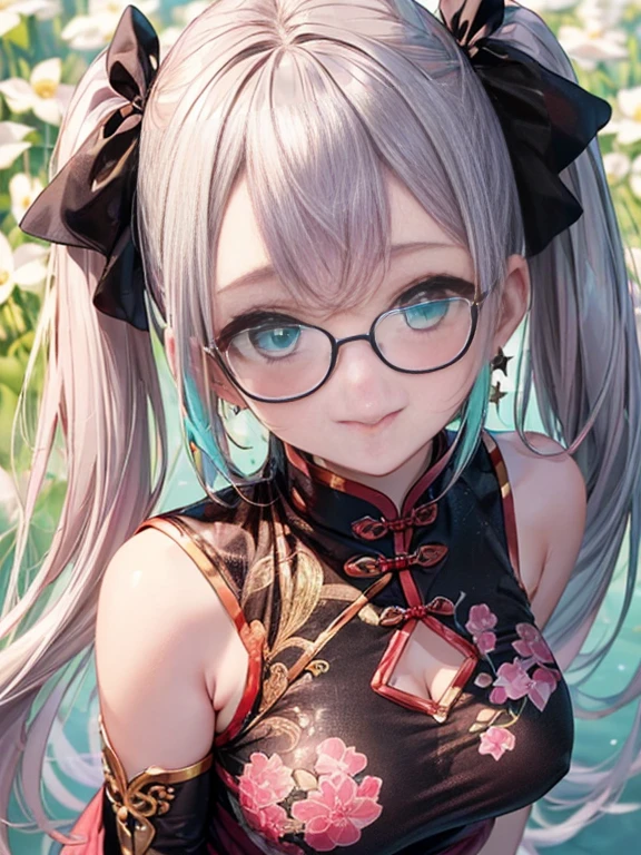 小さなgirl、Small breasts、The arrival of spring、Thick thighs、 (alone:1.5,)Very detailed,Bright colors, Very beautiful detailed anime faces and eyes, Look straight ahead, ;d, Shiny_skin,girl, ((Silver long hair,The inner color is red 、Forehead is exposed.、Green Eyes、Glasses、Shiny hair, Delicate beautiful face, blush、(Turquoise Eyes), White skin, Valletta, Earrings,、blue flower field、(((Star pattern pink、See-through、Black long Chinese dress、Black bloomers)))、Twin tails、smile、smile、Face dyed red