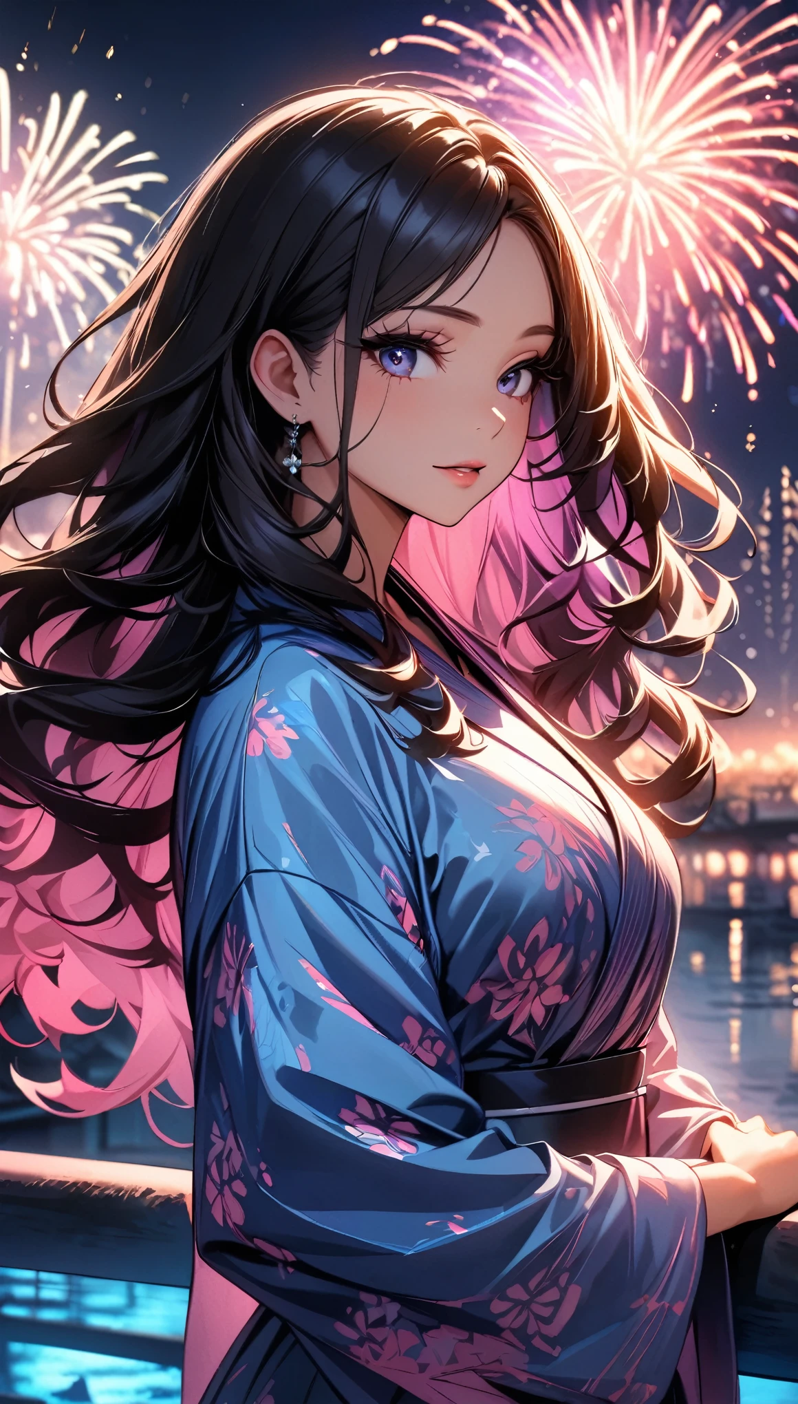 (highest quality:1.2, Very detailed, up to date, Vibrant, Ultra-high resolution, High Contrast, masterpiece:1.2, highest quality, Best aesthetics), (((1 girl))), Beautiful woman, Woman in seductive pose, Wavy hair with highlights, Eyes and lips with plenty of detail, Glowing, soft skin, yukata, pastel colour, 花柄のyukata, firework, Color the night sky.