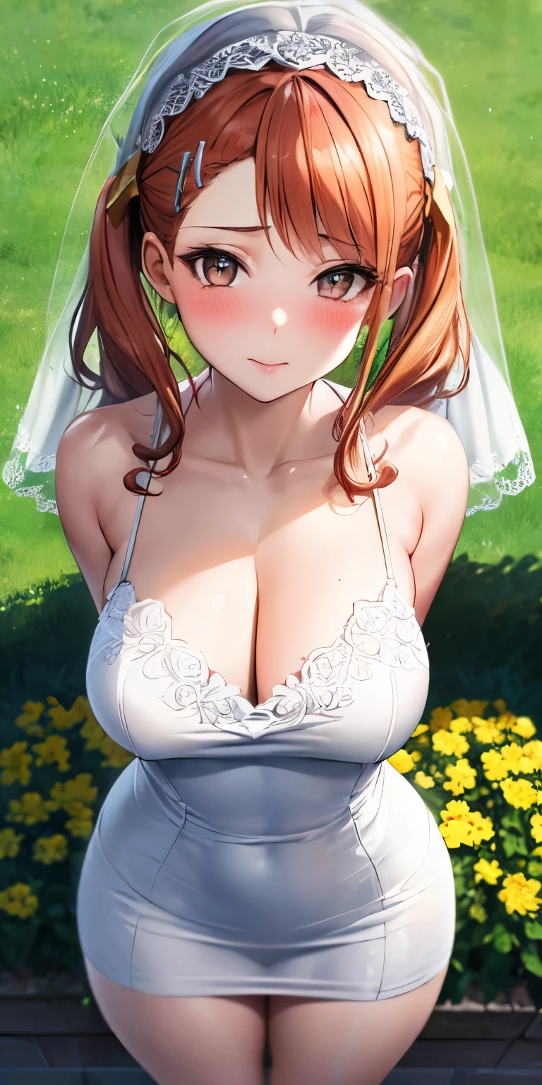 masterpiece, best quality, ultra-detailed, illustration,masterpiece, Best quality, high resolution, high resolution, 1girl, anjou naruko, hairclip, wrist scrunchie, twintails,beautiful detailed eyes, looking at viewer in a seductive look, close up, (breast focus), (arms behind back:1.2), (from above:1.1),big sized breasts, attempt to seduce,blush, cleavage ,(wide thighs), (weeding dress), (white dress),(white veil),(tight dress)
