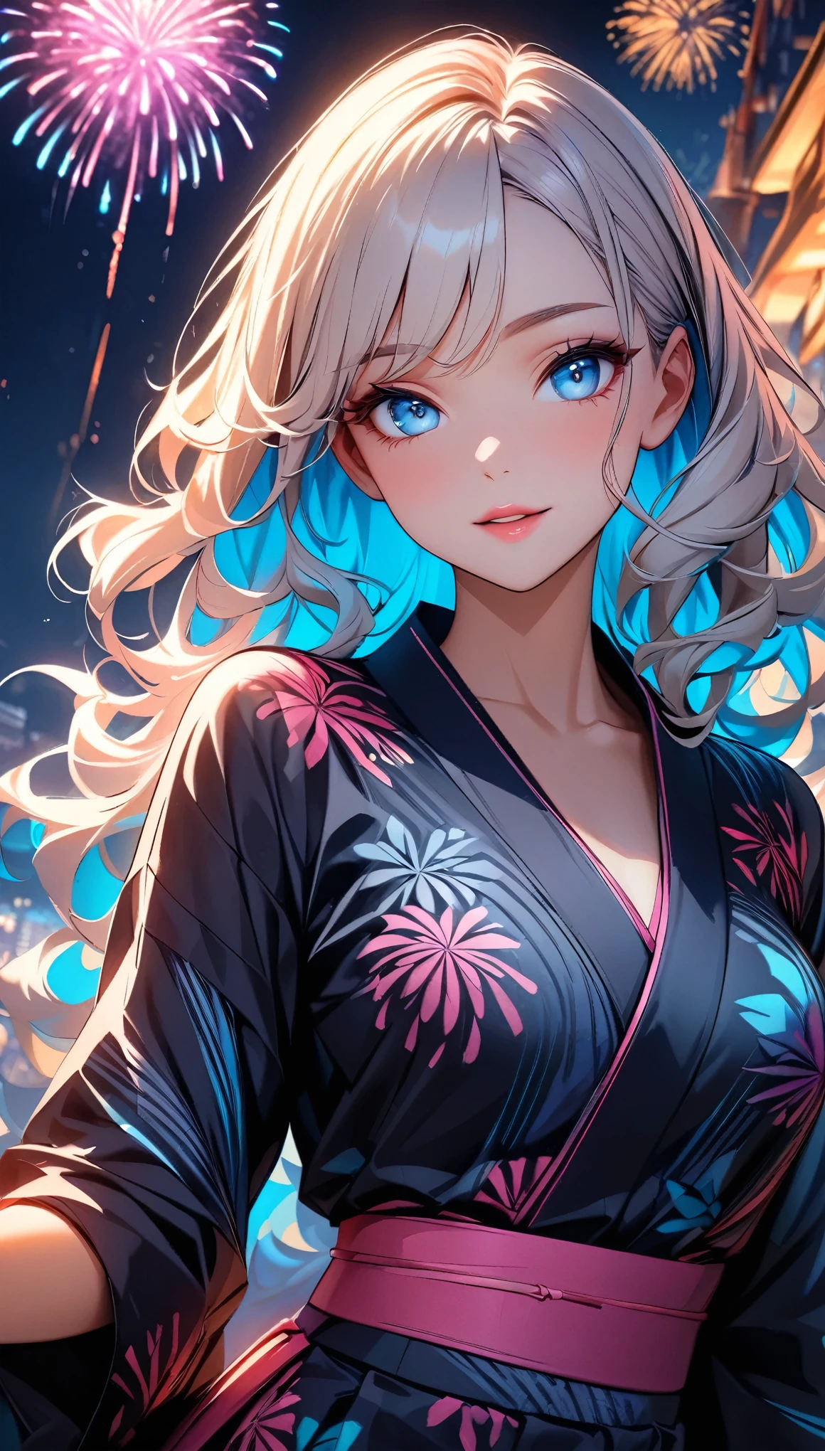 (highest quality:1.2, Very detailed, up to date, Vibrant, Ultra-high resolution, High Contrast, masterpiece:1.2, highest quality, Best aesthetics), (((1 girl))), Beautiful woman, Woman in seductive pose, Wavy hair with highlights, Eyes and lips with plenty of detail, Glowing, soft skin, yukata, pastel colour, 花柄のyukata, firework, Color the night sky.