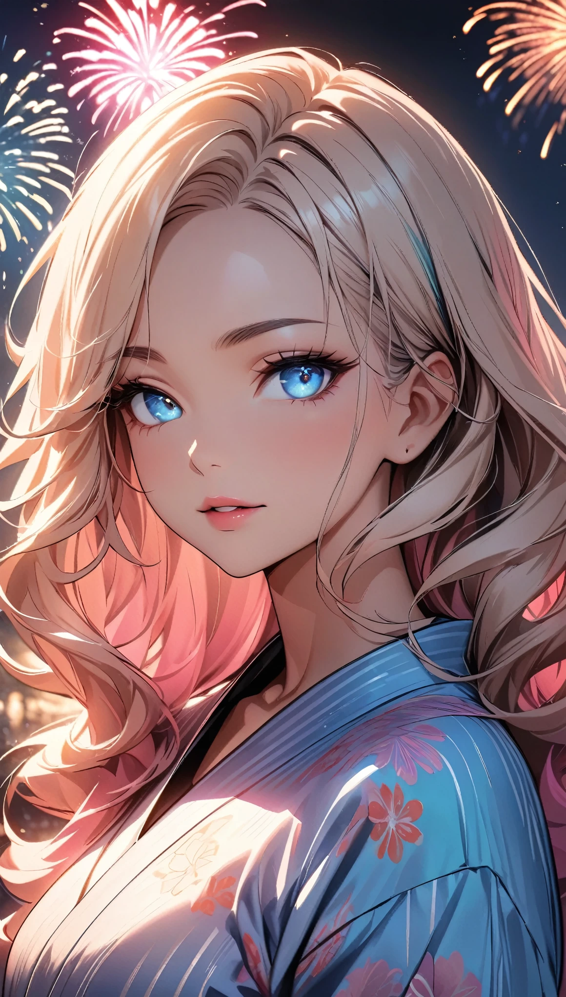 (highest quality:1.2, Very detailed, up to date, Vibrant, Ultra-high resolution, High Contrast, masterpiece:1.2, highest quality, Best aesthetics), (((1 girl))), Beautiful woman, Woman in seductive pose, Wavy hair with highlights, Eyes and lips with plenty of detail, Glowing, soft skin, yukata, pastel colour, 花柄のyukata, firework, Color the night sky.