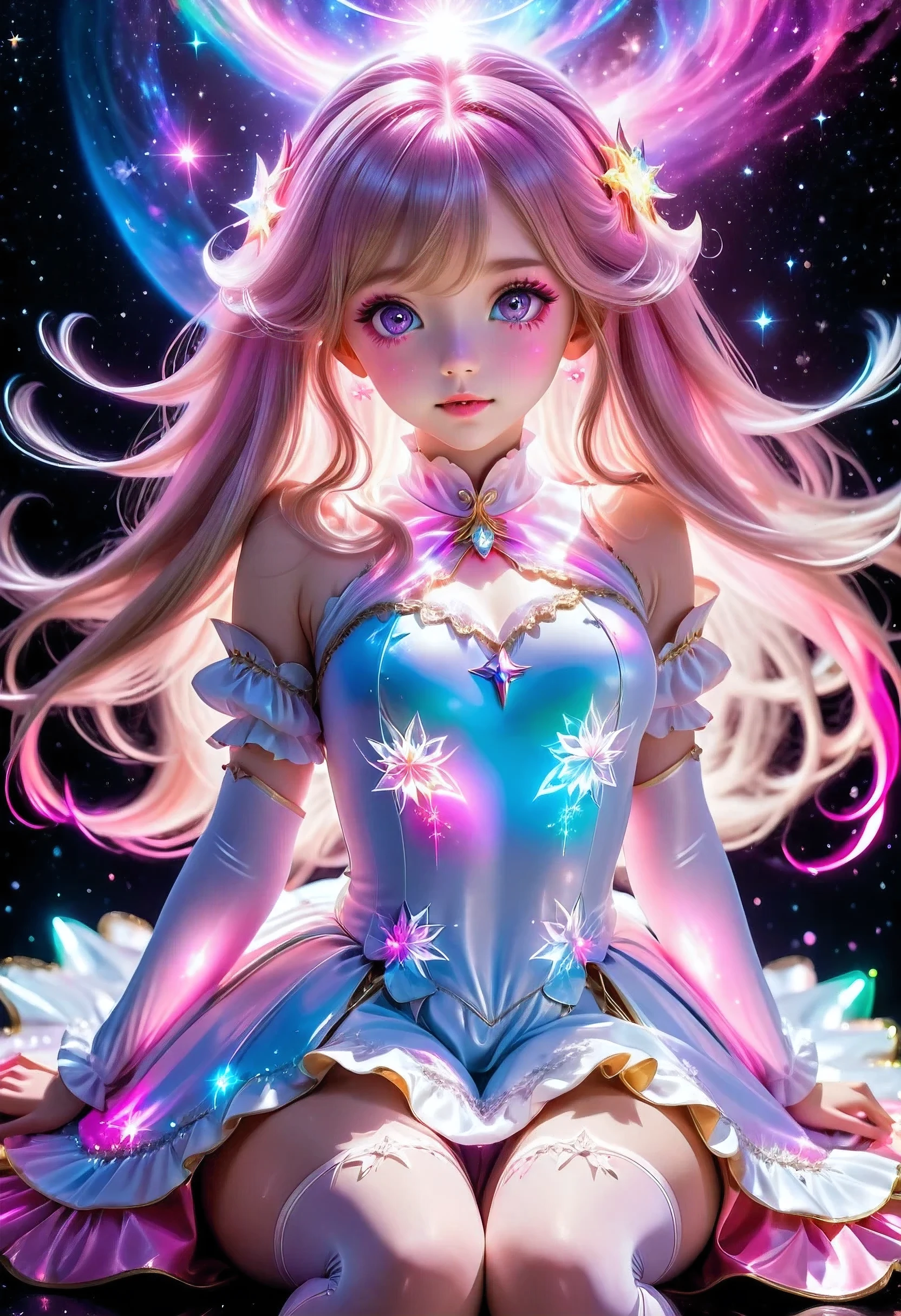 4K Ultra HD, Masterpiece, A girl with a magical aura, (good face:1.2), very Long hair, Detailed eyes, Glossy lips, Lolita costume, (pink costume:1.5), The aura around the body, Magical effect, Spread white light, Cosmic elements and ethereal atmosphere, A mix of bright lights and colorful nebulae, universe background, Perfect body, sitting,