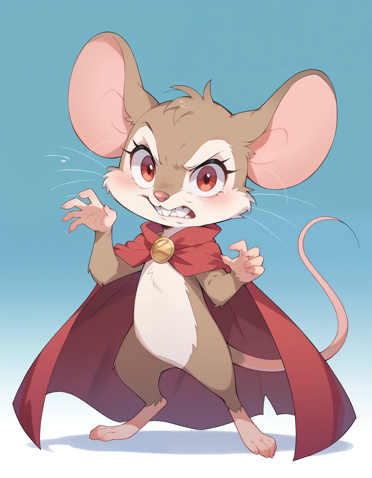 score_9, score_8_up, score_7_up, score_6_up,show accurate, full body, hungry body, simple background, (solo), (semi anthro), mouse, female mouse, fur body, ultra fine fur, standing, red eyes, (light brown dull fur), determined look, black open cape, red inner cape,