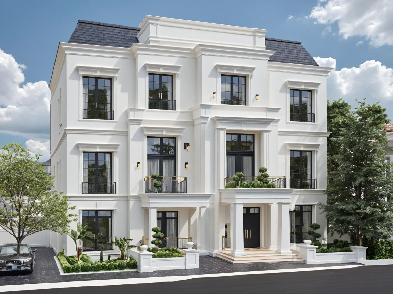 Architectural style Architectural style,  ((Classic Style House)),(masterpiece) , ((best quality)), dramatic lighting, high quality outdoors, sky, day, cloud, tree, blue sky, building, scenery, road, real world location,  sunlight, enough detail, high resolution,super realistic, Photorealistic, highly detailed, balcony, plants, door, car, truck, parking slot, paving, . Clean lines, architectural drawing, highly detailed  , . Clean lines, geometric shapes, minimalist, modern, architectural drawing, highly detailed