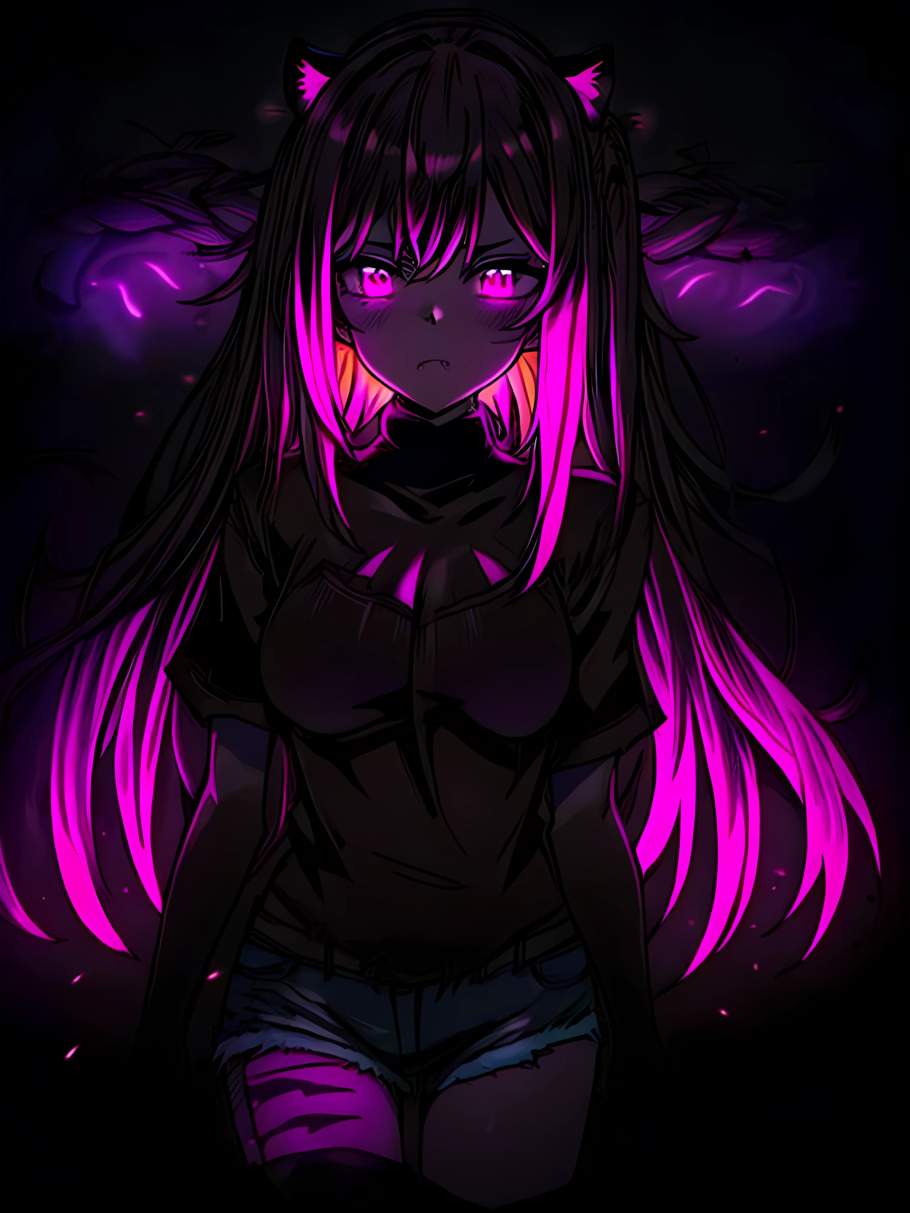 (Portrait of a mysterious giant Roaring tiger)，indoor，Fluorescent illumination， (((Darkness shrouded, black background, shadow, extreme darkness, Dark atmosphere))),，Wall background，black background，silhouette，shadow，extreme darknesinimalist graffiti style background，Fluorescent pink eye graffiti，Dark atmosphere，cowboy shot,1girl,Oversized black T-shirt，Medium Breast，Waistless T-shirt，underboob，blurred background，Blurred foreground，Pink fluorescent hair，Fluorescent pink eyes，long hair，Messy hair，Crouch on the ground, Pretend to act like a cat，Low rise denim shorts，Over-the-knee boots，pink eye shadow，Ruined eyeshadow，Poker face