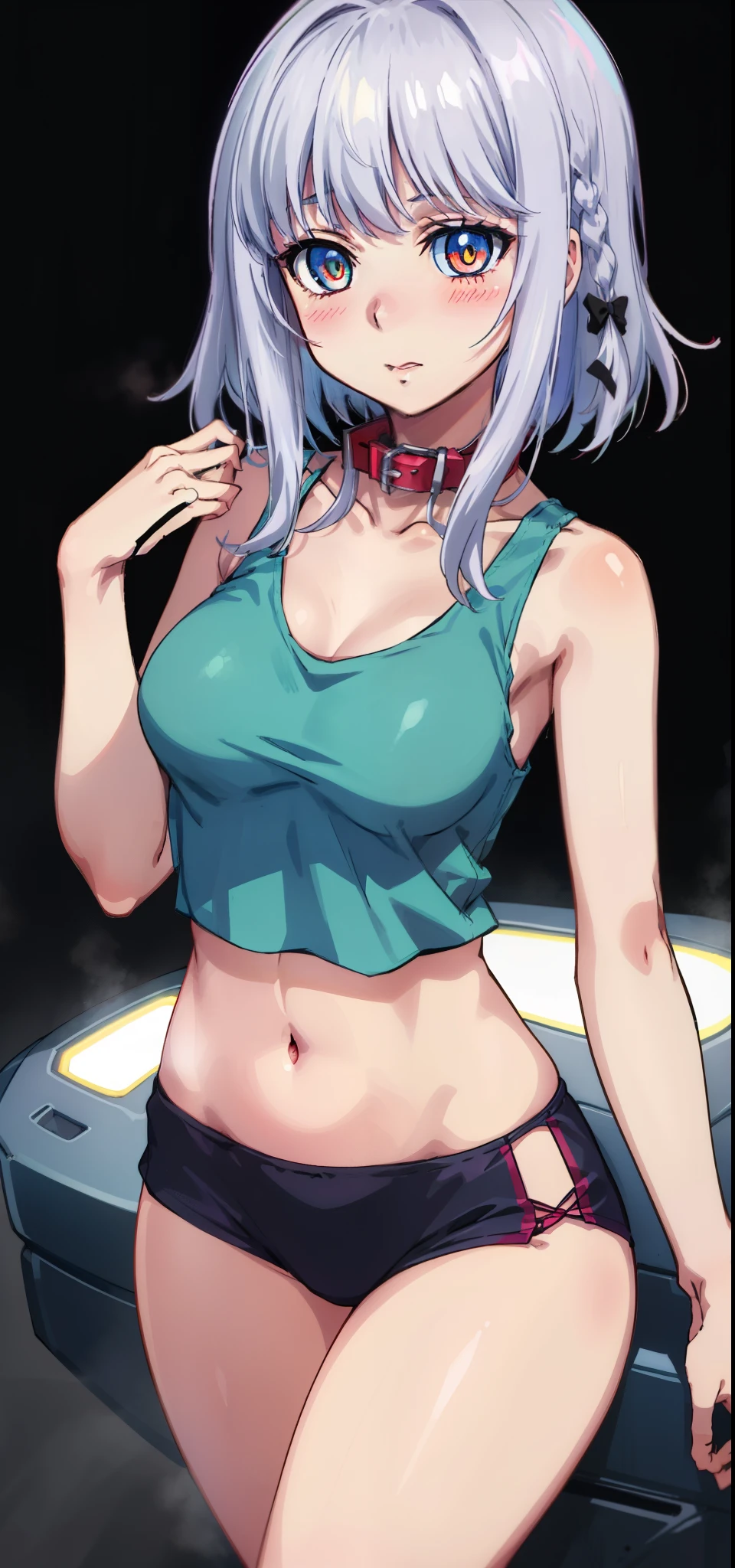 1 girl, kanon kanase,  , blush, medium breasts, sleeveless, (cropped tank top,navel, healthy skin, glowing eyes),(collar, cowboy_shot).