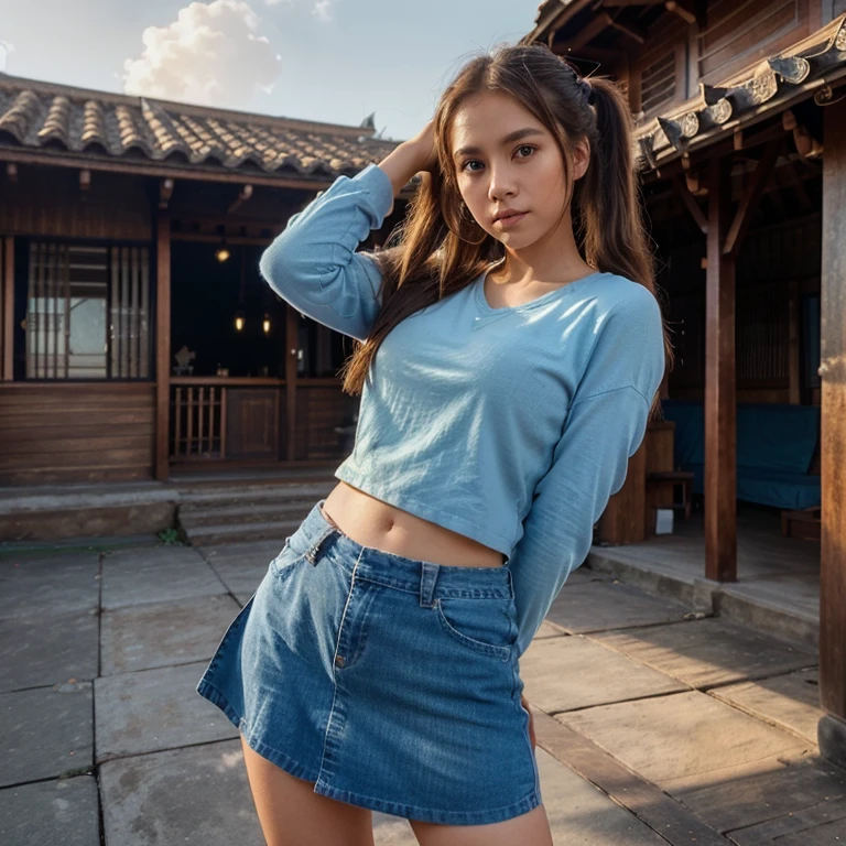 Beautiful girl, 25 years old, long brown hair ponytail, Wear comfortable clothes at home. wearing a blue short-sleeved shirt. Skirt jeans Wearing sneakers, feeling drunk. The background is a beautiful indonesian wooden house. Evening sky Photo realisticg the lighting is warm and inviting, casting gentle shadows that dance around themo
