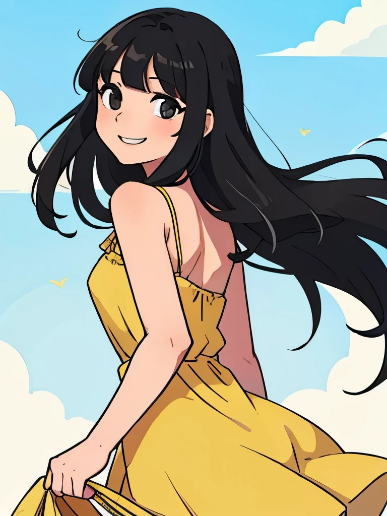 Perfect anile illustration, of a girl having long black hair with bangs wearing a cute pretty color sundress, posing smiling while turning back