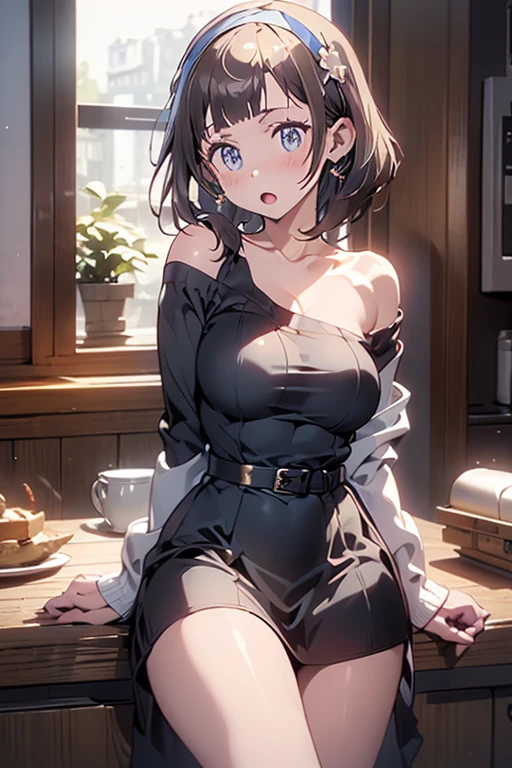 masterpiece, yor, 1girl, Amazing Cleavage:1.3, thin waist, big ass, Raised sexy, medium breast: 1.8 posed cleavage:1.2、solo, looking at viewer, open mouth, have a cup of coffee,black hair, red eyes, dress, bare shoulders, jewelry, collarbone, sidelocks, hairband, earrings, indoors, off shoulder, :o, sweater, arms behind back, plant, short hair with long locks, white hairband, off-shoulder dress, sweater dress, off-shoulder sweater, red sweater, big side hair, very long side hair,is rendered in (masterpiece: 1.2, best quality), with (ultra high resolution) and an exquisite (depth of field). This masterpiece is not only visually stunning but also tells, make of cake cooking ,in the kitchen