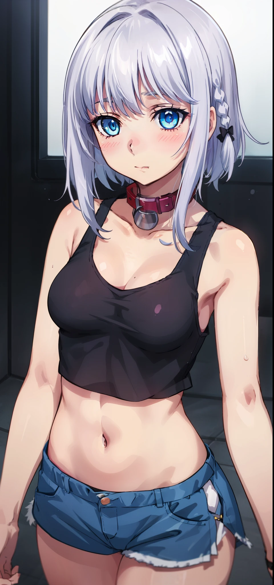 1 girl, kanon kanase,  , blush, medium breasts, sleeveless, (cropped tank top,navel, healthy skin, glowing eyes),(collar, cowboy_shot). Blue eyes. 