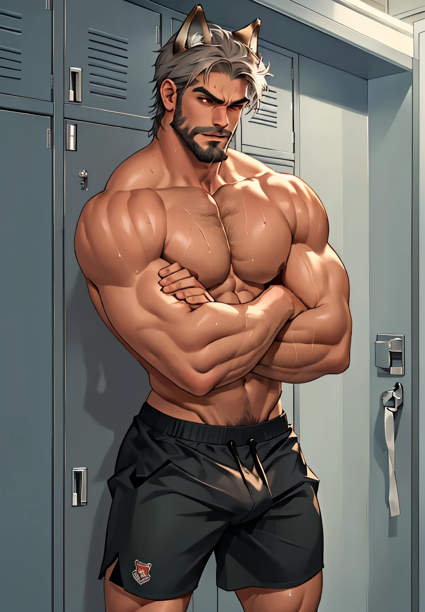 Close up, there is a man with wolf ears that is standing next in locker room, commission for high res, sfw version, bare chest, anthropomorphic, muscular chest, highly detailed full body, (sfw) safe for work, strong and imposing, detailed full body, muscular character, extra detailed body, macho pose, body detailed, (looking form beside), wet body, sweaty, short gray hair, beard, Topless, huge crotch, sport shorts, football player, crossed arms pose, body hair, angry face, red eyes, footballs around in the room.