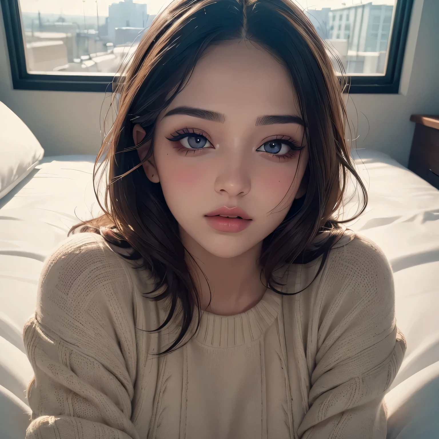 (best quality, ultra-detailed, realistic:1.37),beautiful detailed eyes,beautiful detailed lips,long eyelashes,perfectly styled hair,gorgeous makeup,sexy seductive gaze,intense blushing,sensual appearance,oversized sweater,natural light,window,beautiful face,bed,pillow,viewer.