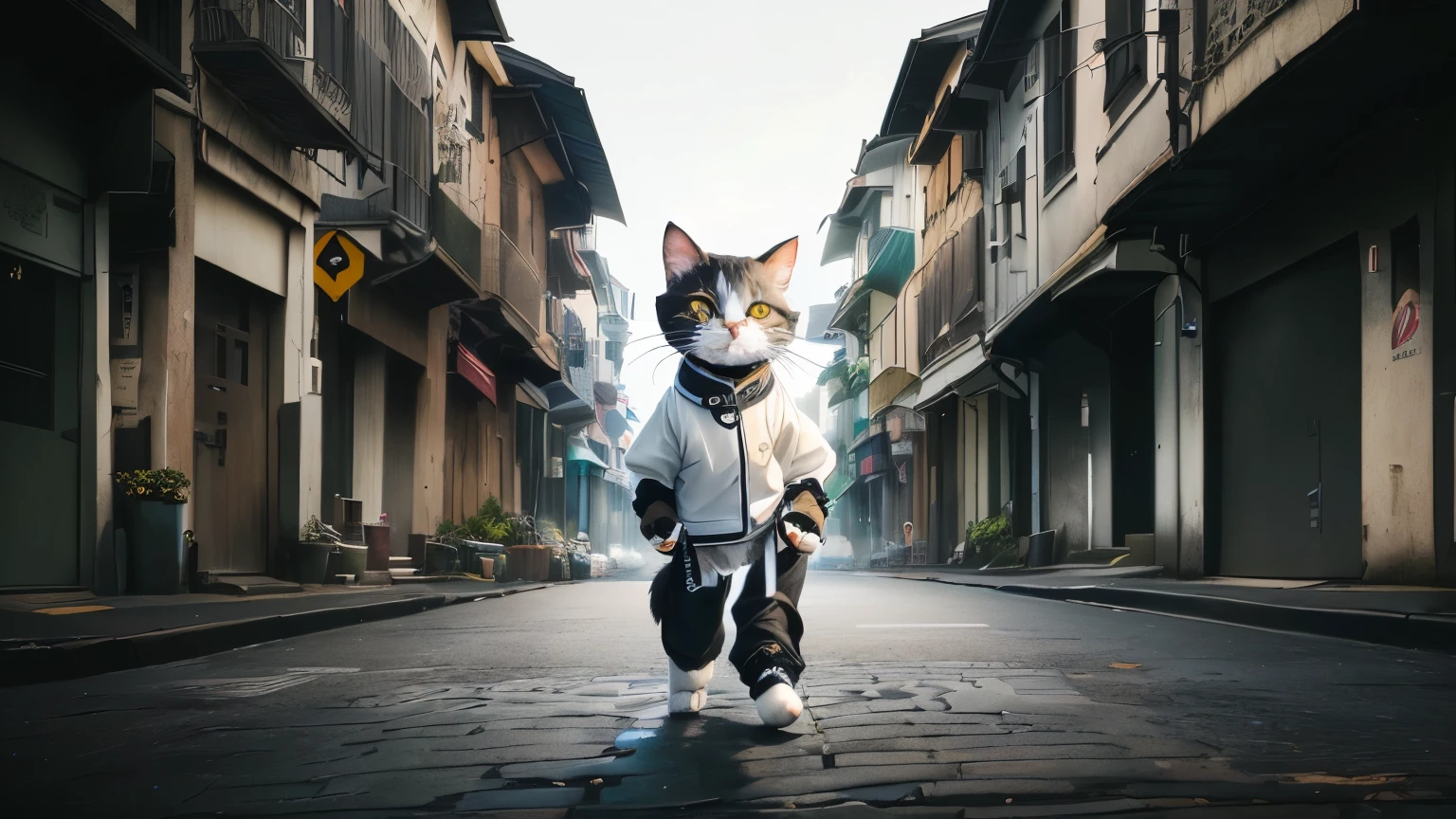 there is a Cat that is standing in the middle of a street, anthropomorphic Cat, anthropomorphic Cat ninja, human Cat hybrid, an anthro Cat, anthro Cat, anthropomorphic female Cat, creative Photo Editing, Cat the assassin, the Cat is walking, Cat. Digital Painting, Animals on the Streets, Photo Editing