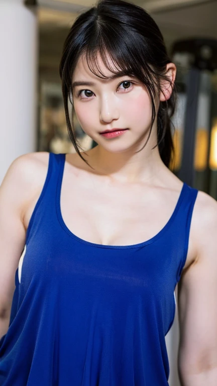 (((1girl))), highest quality, realism, Fine details, High resolution, 8k wallpaper, Perfect dynamic composition, Beautiful and delicate eyes,  Large Breasts, (Tank top:1.6)、(Breast swelling 1.4)、sports gym、30 years old、(Droopy Eyes 1.4)、Put your face close to LoRA, Slim Hips、Are standing