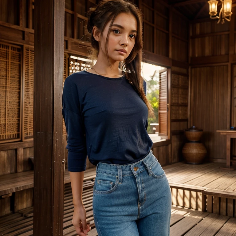 Beautiful girl, 25 years old, long brown hair ponytail, Wear comfortable clothes at home. wearing a blue short-sleeved shirt. Skirt jeans Wearing sneakers, feeling drunk. The background is a beautiful indonesian wooden house. Evening sky Photo realisticg the lighting is warm and inviting, casting gentle shadows that dance around themo