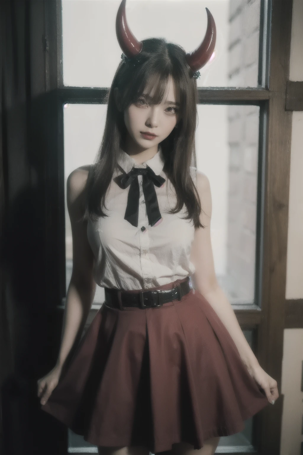 masterpiece, (highest quality:1.2), [:Intricate details:0.2], Devil Girl, skirt, (Red eyes:1.3), Devil horns, Devil&#39;s Wings, Devil&#39;s Tail, Captivating Gaze, Seductive pose, Otherworldly charm, Mystical Sky, Moonlit Night, cloud,