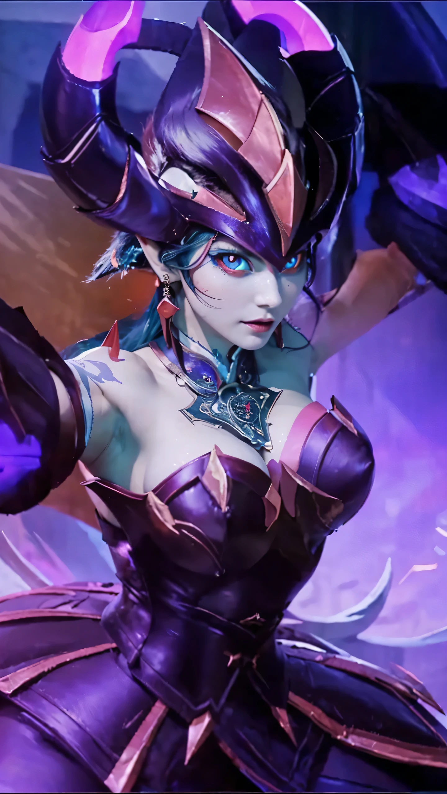 (female:1.2), 8k, ultra hd, ultra detailed texture, hyper realistic, masterpiece, detailed texture, detailed face, detailed skin, detailed lighting, (photorealistic:1.5), best quality, beautiful lighting, cinematic lighting, professional lighting, ultra highres, realistic, detailed hair, real hair, high quality, (realskin:1.5), extremely detailed, finely detail, ultra-detailed, 1girl, solo, elf, pointy ears, standing, demon horns, forehead protector, (red eyes:1.5), v-shapped eyebrow, lips, red lips, evil smile, nose, make up, pretty, beautiful, cute face, long hair, blue hair, high ponytail, large breasts, cleavage, armpit, navel, stomach, black armor, pauldrons, bare shoulders, shoulder armor, thigh high, sleevless, detached sleeves, breastplate, gauntlets, karina \(mobile legends\), depth of field, looking aways, white skin, skin tight, amazing pose, outdoors, glowing, dark view, blurry background