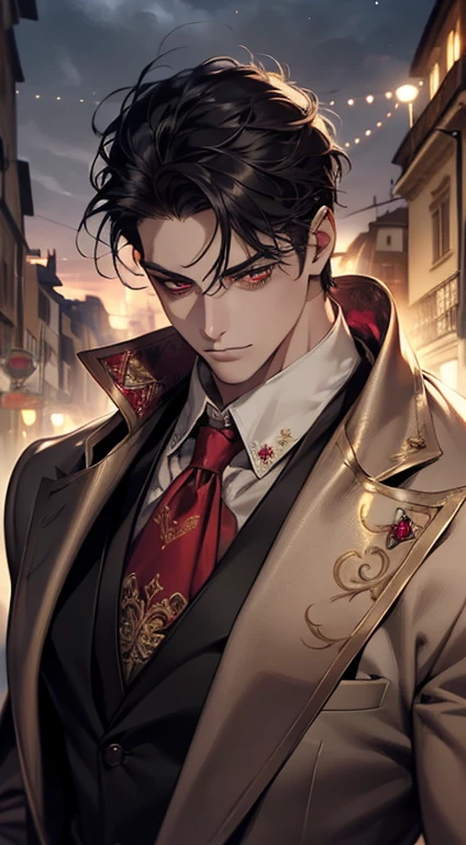 undercucho Close Portrait of Elegant Person [undercucho] in bespoke MAN suit: tall muscular man, classic style, intricate detial baroque, elegant, bright lights, highly detailed, digital painting, artstation, concept art, soft and sharp focus, portrait , illustration, art by wlop, mars ravelo and greg rutkowski (High detail skin: 1.2), 8k uhd, DSLR, soft lighting, high quality, film grain, Fujifilm XT3 mix4, male model, (((1 MAN))) suit, seductive, Florence, Italy background, (((/LOOKING AT THE VIEWER/))) ((((SHORT BLACK HAIR))) (((SHOULDER-LENTH HAIR))) (((RED RUBY EYES))) (((DELIGHTED LOOK))), SMILE, MYSTERIOUS AURA, night, bokeh, depth of field, (upper body: 1.0), best quality, intricate details, detailed eyes, masterpiece, film grain, 1900s, kodakchrome, flashlight, strange smoke around him, MASTERPIECE