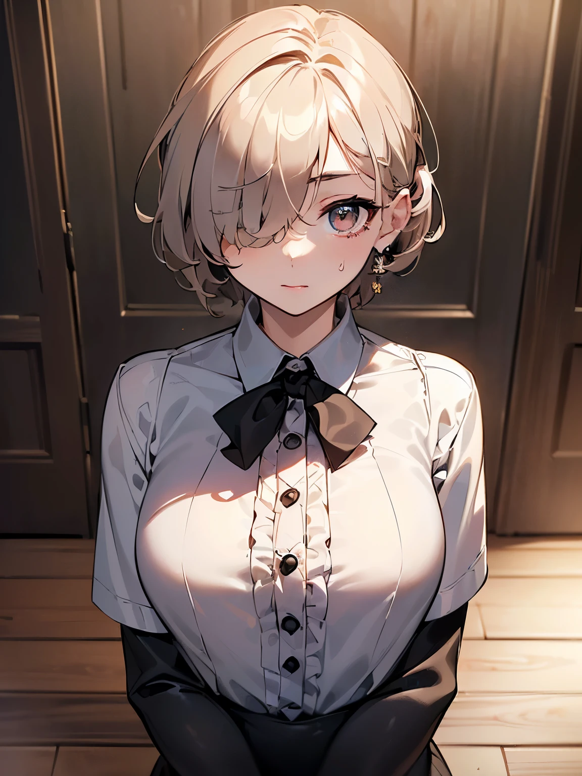 ((highest quality)),(Ultra-high resolution),(Very detailed),(Detailed Description),((The best CG)),(A masterpiece),Ultra-detailed art,Amazing drawing art,(Art with precise details:1.5), (Adult female:1.6),(Hidden in one eye:1.8),intellectual,(blouse:1.4),narrow chest:1.5,Small earrings:1.3,Hidden in one eye:1.5