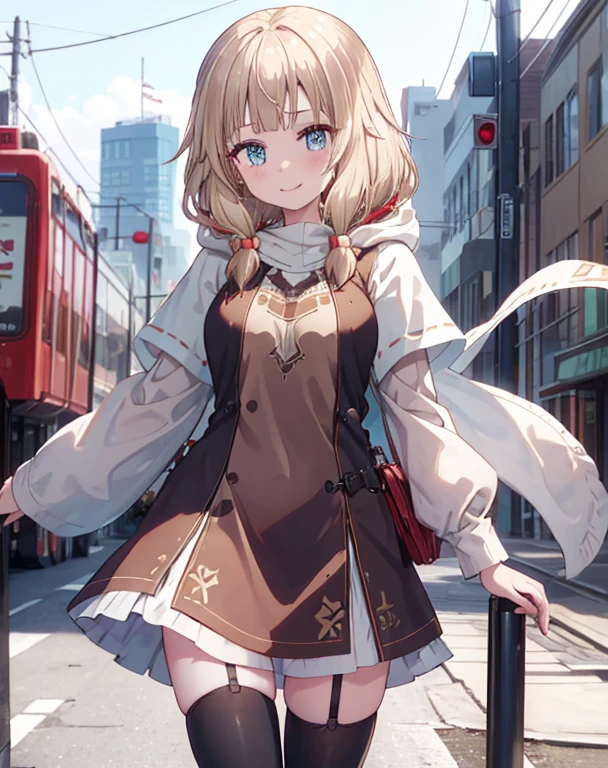 masterpiece, 1girl, sparrow, a blonde haired girl, wearing a brown viking clothes, curly medium hair, messy hair, slim body, wearing furry capelet with hoody, he close her left eye, shirt ornament, aqua eyes, sho show her back, ahoge, red vest, baby face, big breast, beautiful breasts, rounded breasts, braid hair, long sleeves, beautiful eyes, white stocking, droopy eyes, her age is 19 years old, smile, ancient viking 