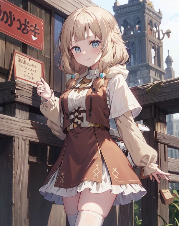 masterpiece, 1girl, sparrow, a blonde haired girl, wearing a brown viking clothes, curly medium hair, messy hair, slim body, wearing furry capelet with hoody, he close her left eye, shirt ornament, aqua eyes, sho show her back, ahoge, red vest, baby face, big breast, beautiful breasts, rounded breasts, braid hair, long sleeves, beautiful eyes, white stocking, droopy eyes, her age is 19 years old, smile, ancient viking 
