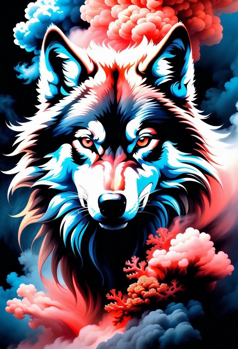 portrait of a angry wolf covered in cloud of smoke, whirlwind, coral highlight colors, coral make-up, hints of pastel, misty, seductive, sultry, breathtaking, oil painting style, artistic, aesthetic modern art, hyper-realism