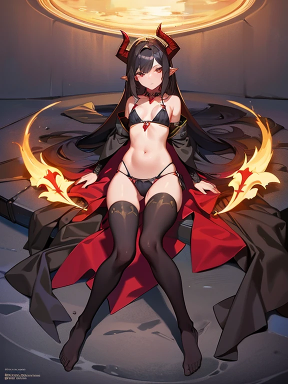 masterpiece, highest quality,Bikini Armor,tall, Large-breasted women,Devil horns,wing,tail,,no background,  flat chest,Full body illustration, Long black hair, Full body portrait, anime ,on side,on back, lying,spread legs