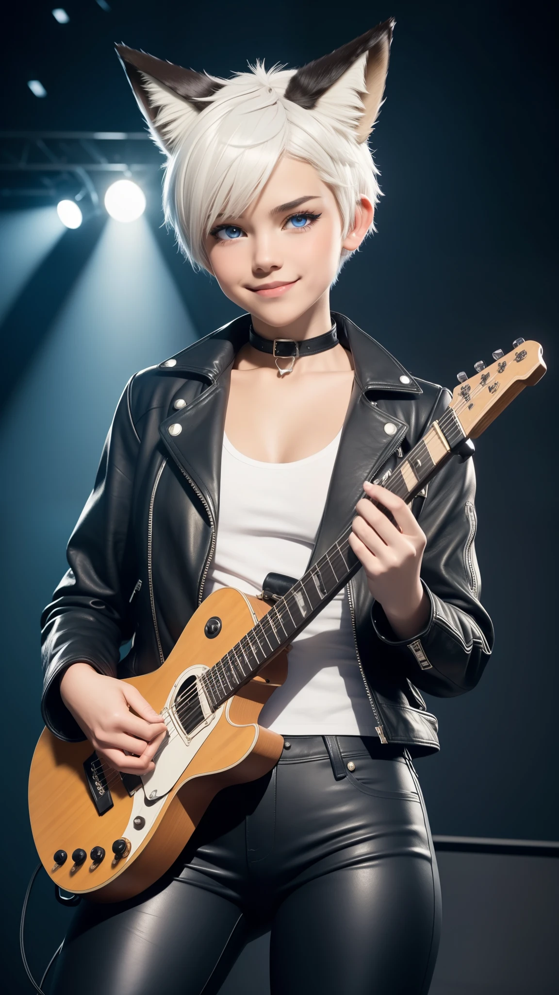 Masterpiece, wide smile, boyish girl with short (white hair), solo, (half shaved hair style), (shy face expression), has wolf ears, ((had wolf tail)), (wearing leather jacket, leather pants), (cristmas hat), chocker, collar), thick thighs, wide hips, solo, alone, no wolves, has glowing blue eyes, flat chest,Comics, fantasia, sfw, playing on guitar, video clip, storytelling