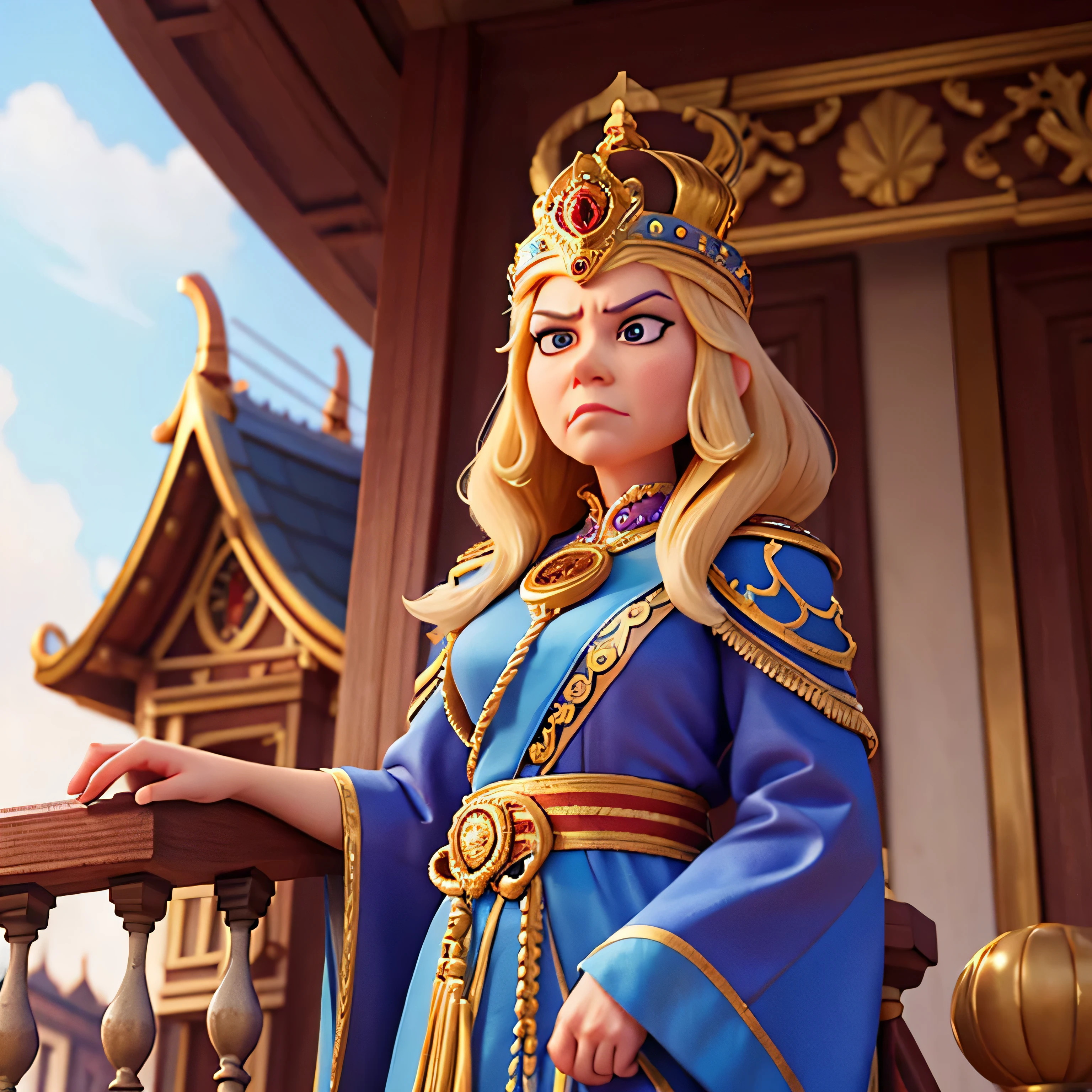 A grand palace with a scowling queen looking down from a balcony. A group of people whispering in the corner.