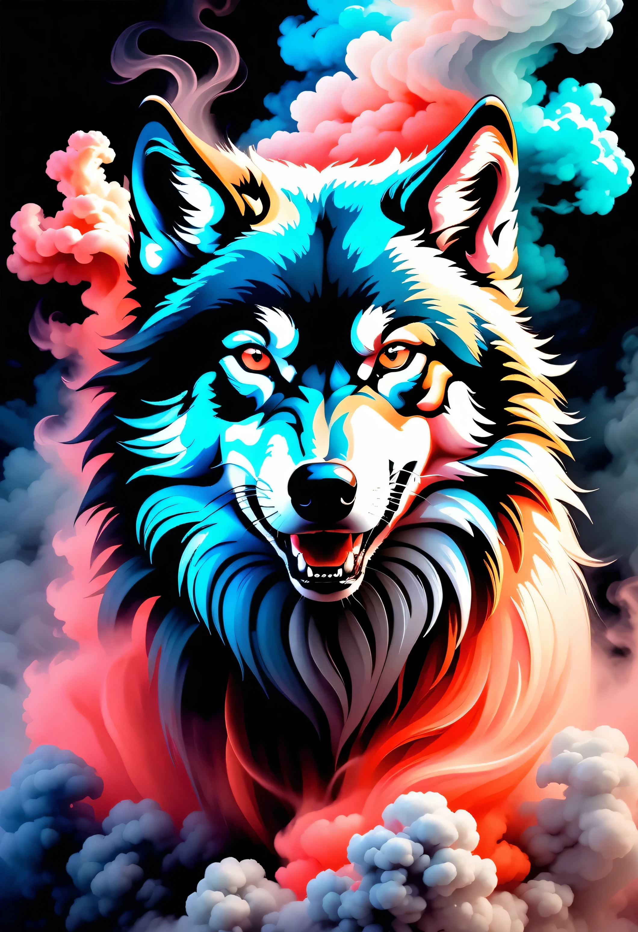 portrait of a angry wolf covered in cloud of smoke, whirlwind, coral highlight colors, coral make-up, hints of pastel, misty, seductive, sultry, breathtaking, oil painting style, artistic, aesthetic modern art, hyper-realism