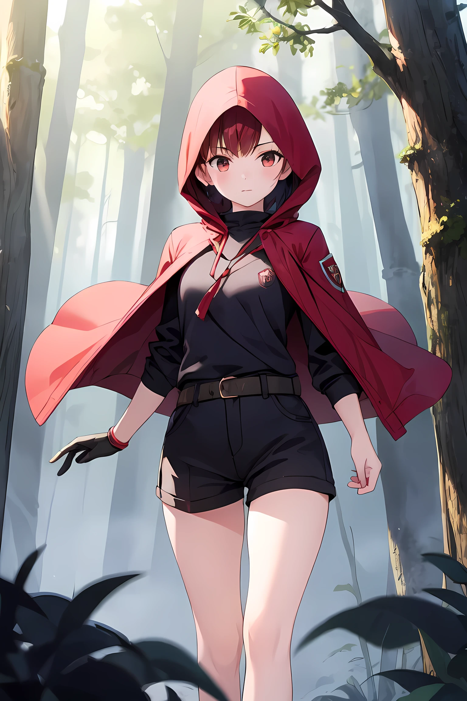 masterpiece, best quality, Red hood Female Short hair, darkness forest, solo ,fog