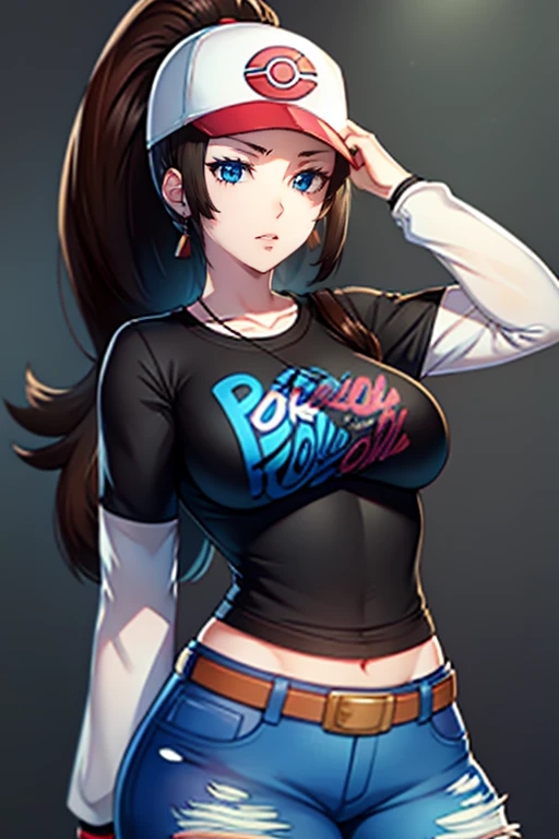 pokemonhilda, blue eyes, brown hair, long hair, ponytail, baseball cap, earrings, glossy lips , 1girl, solo, standing, black t-shirt, white shirt, blue jeans, belt, lipstick, large breasts, layered sleeves