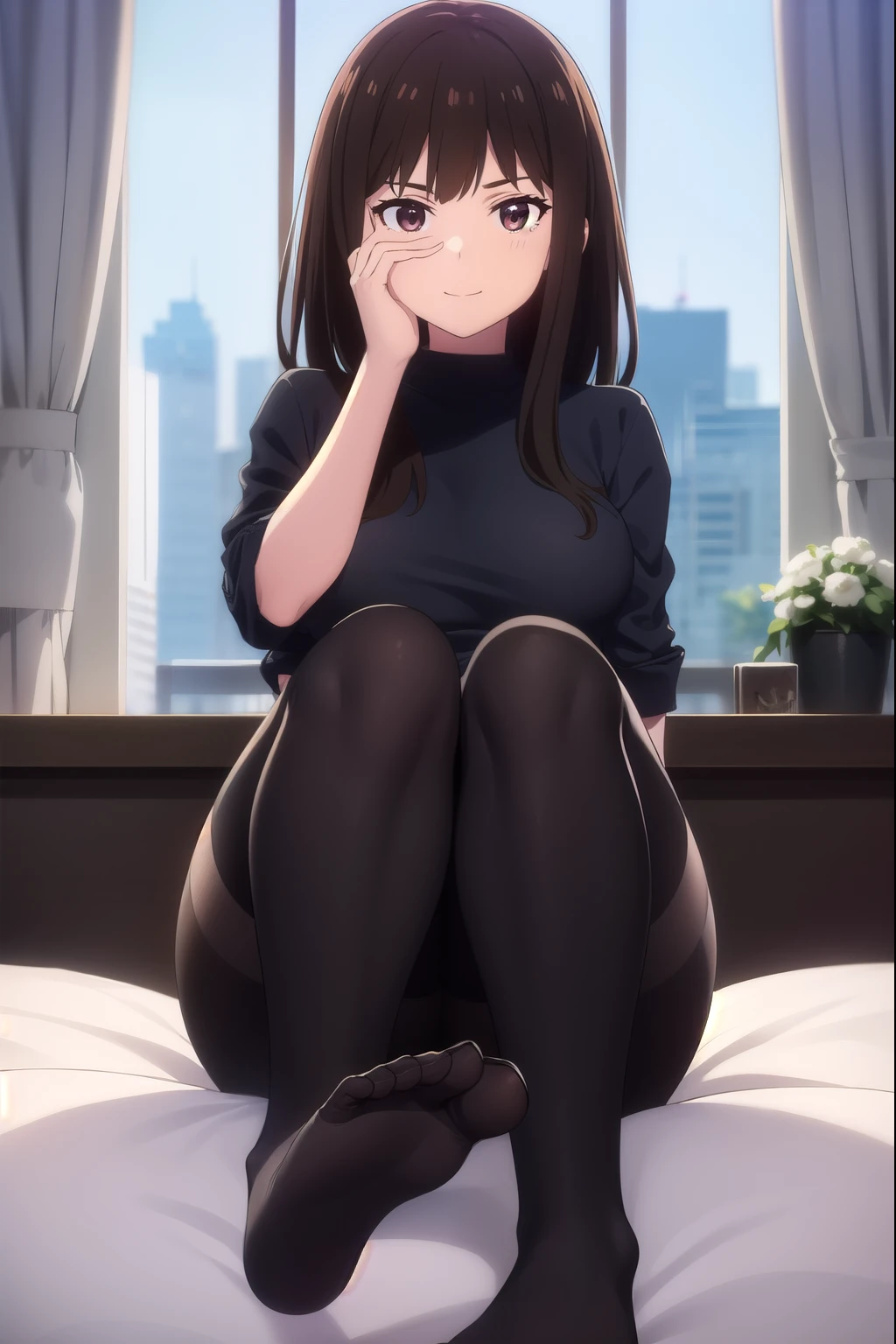 check_9,check_8_up,check_7_up,Best quality,masterpiece,4k,uncensored,lighting prefect,rating_obvious,very aesthetic,аниме BREAK 1, Brown hair,Amiya,Amiya \(polar nights\),black tights,Sitting on the bed,bedroom,Sunlight from the window,front to viewer,I look at the viewer,Shy,covering face,medium breasts in bra,legs focus,blush all over the face,foot fetishism,Open your eyes,crossed legs, foot fetish, dynamic pose, legs without shoes in black tights, black tights, Full body view from head to toe, excited smile