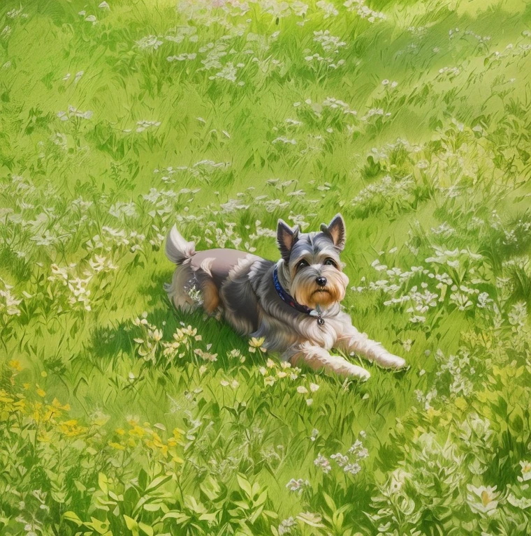 Close-up painting of a Schnauzer, in a park, soft volumetric lights (Backlight: 1.3), (Cinematic: 1.2), intricate details (art station: 1.3), 3D